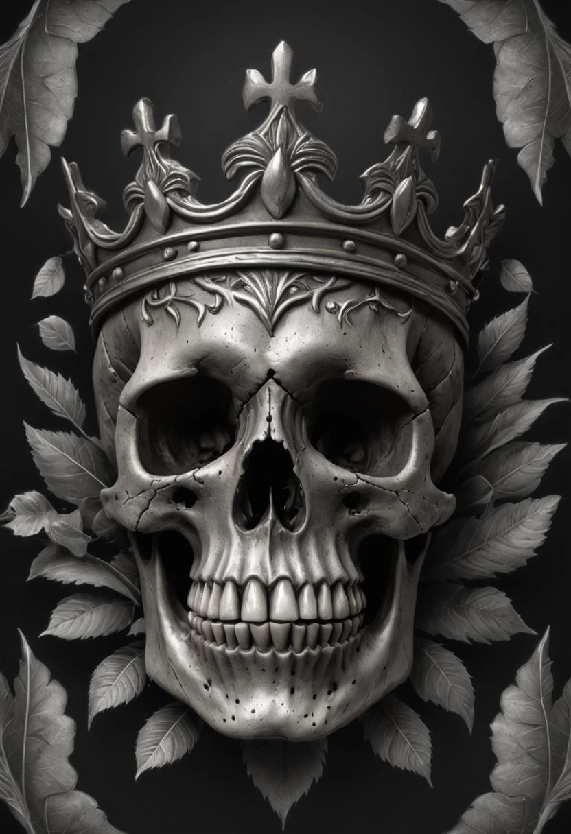 a skull with a crown of thorns and leaves on it, fantasy skull, arte escura altamente detalhada, Arte digital escura, mas detalhada, death skull, Tinta de caveira, skull design for a rock band, skull like, ((skull)), design de tshirt de metal pesado, arte detalhada assustadora em cores, estilo de arte escuro, sacred skull, vida e morte se misturando, morphing skulls