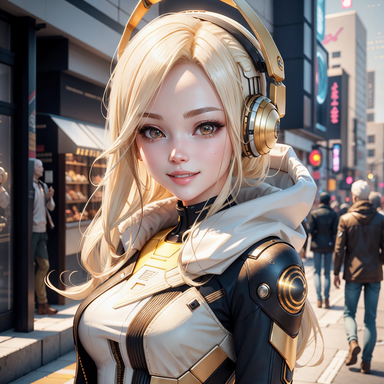 The best smile,long light gold hair,Cold white skin，Stylized 3D rendering，adorable digital art，Cute rendered 3d anime girl，（Exquisite facial features）（Sophisticated look）Background with，Cyberpunk Street，droid