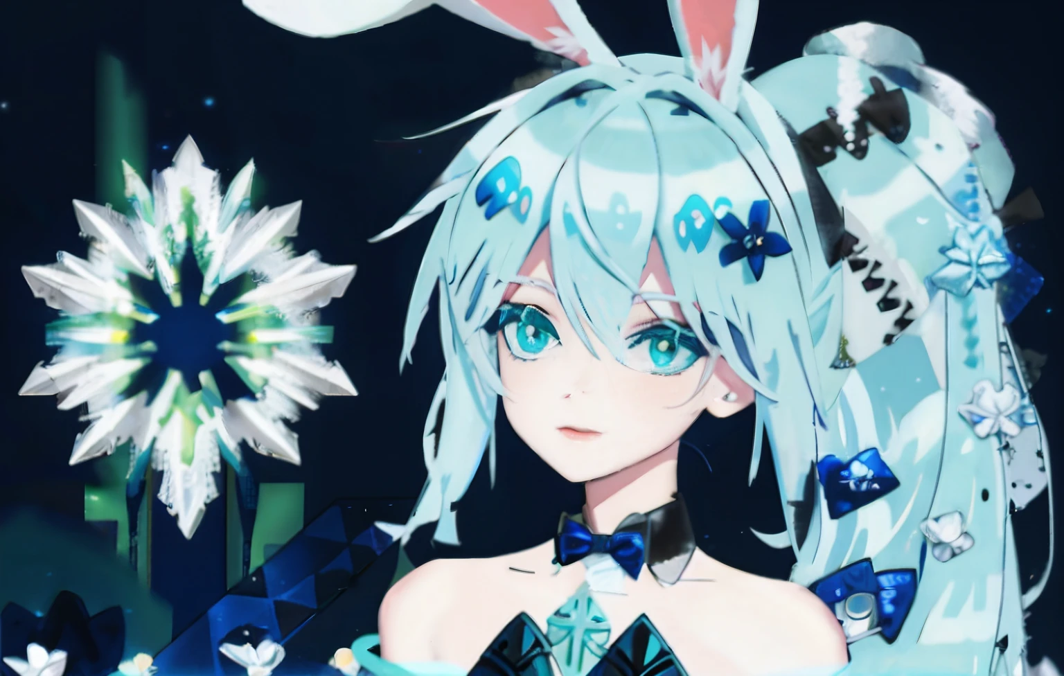 scenecy,Blue-haired girl,Rabbit ears,Green eyes,city night scene