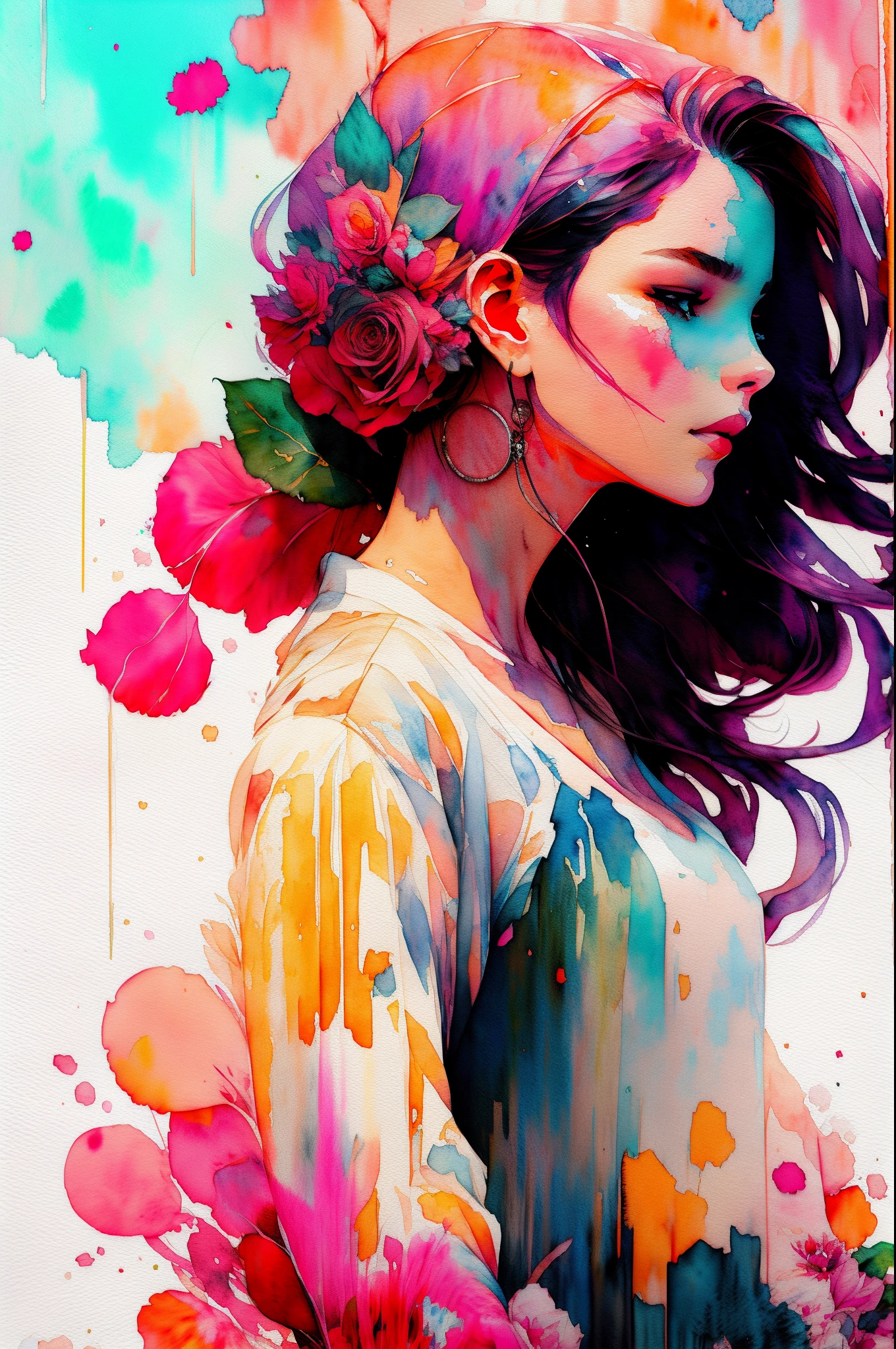 wtrcolor style, (rose) digital art, official art, blown by the wind, masterpiece, beautiful, ((watercolor)), paint splatter, intricate detail. Great detail, [dripping:0.7], Trending on Artstation, Rachel Walker
