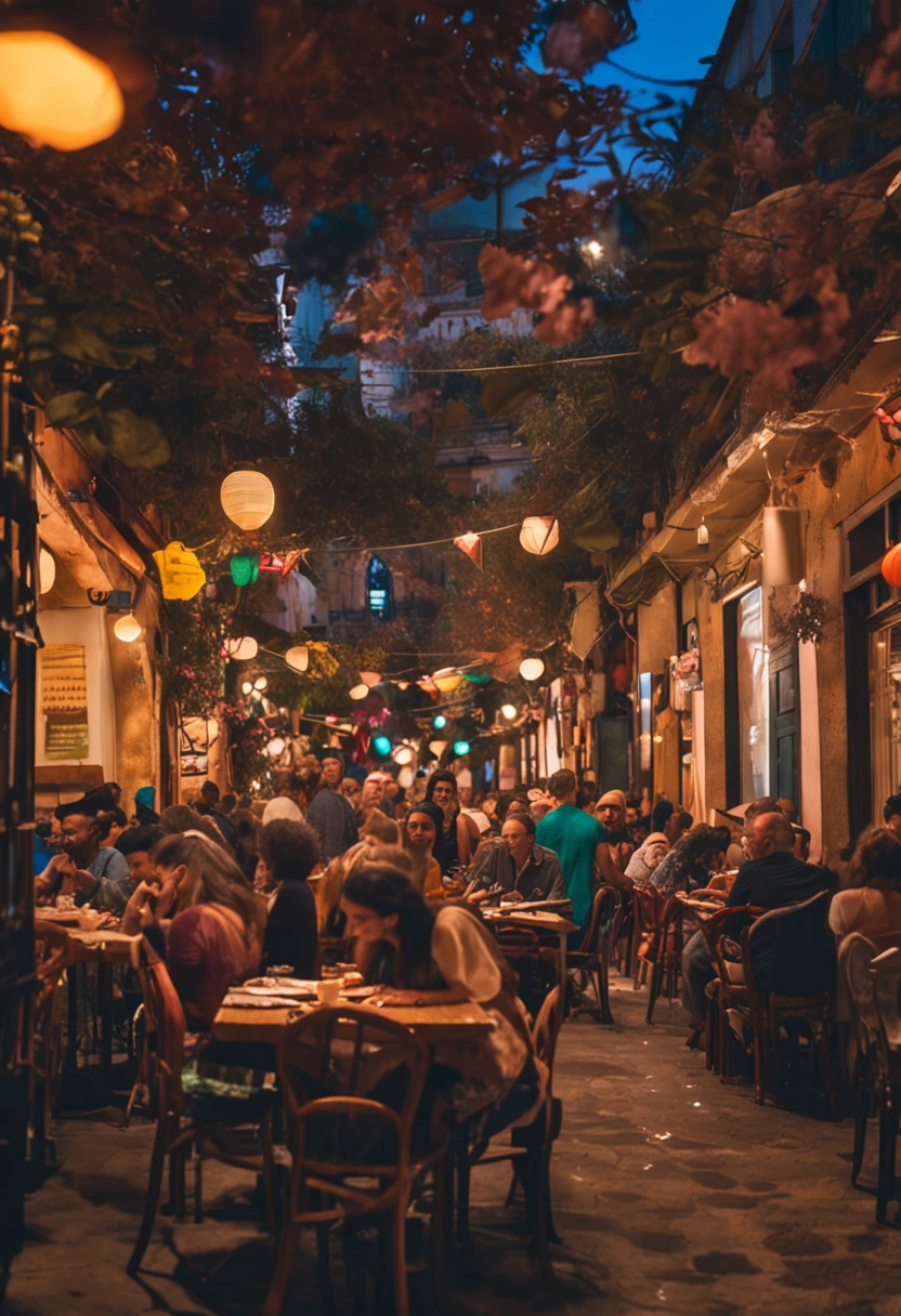A vibrant image of a café, aconchegante, with tables full of people chatting and enjoying their meals(melhor qualidade: 1.4), (Ultra Highres: 1.2), (fotorrealista: 1.4), (8k, Foto RAW: 1.2), (medium shot: 1.4) alta realidade, detalhamento assentuado ao extremo