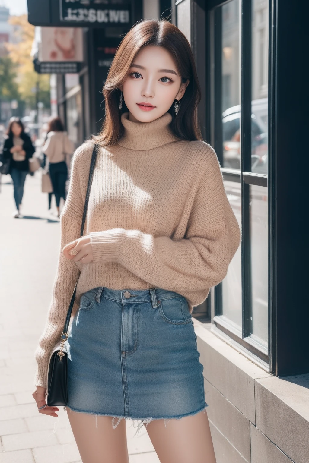((top-quality、in 8K、masterpiece:1.3))、beautiful japanese female、With dimples、Wear an open-neck sweater、I wear a tight denim skirt、Beautiful legs、Beautiful inner thighs、sit a chair、Leaning back in your chair、Being in a café、30-year-old woman with