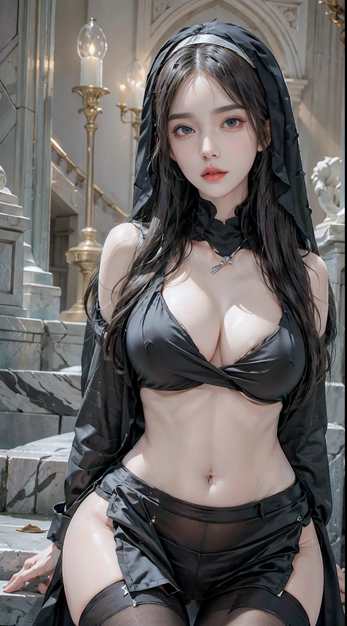 photorealistic, high resolution, soft light,1women, solo, hips up, shining skin, (detailed face), jewelry, tattoo, black nun clothing, pantyhose