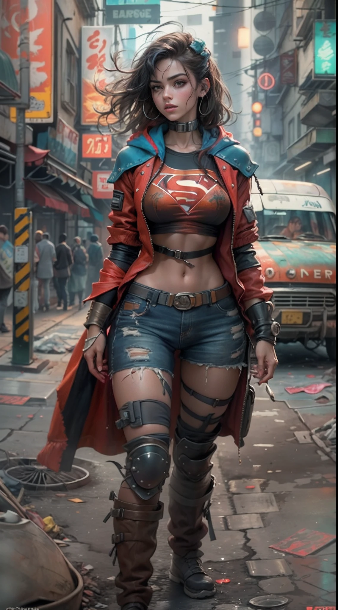 motor irreal:1.4,CG ultra realista 64K, fotorrealista:1.4, textura de la piel:1.4, obra maestra:1.4,Hermosa mujer Usando un disfraz sexy de Supergirl, cabello rubio y rubio, ojos azules, ropa interior Antecedentes detallados, traje de super cyberpunk . caderas anchas,An apocalyptic city of fire, mostrando vientre plano,Minifalda roja, ,hermosas manos finas,