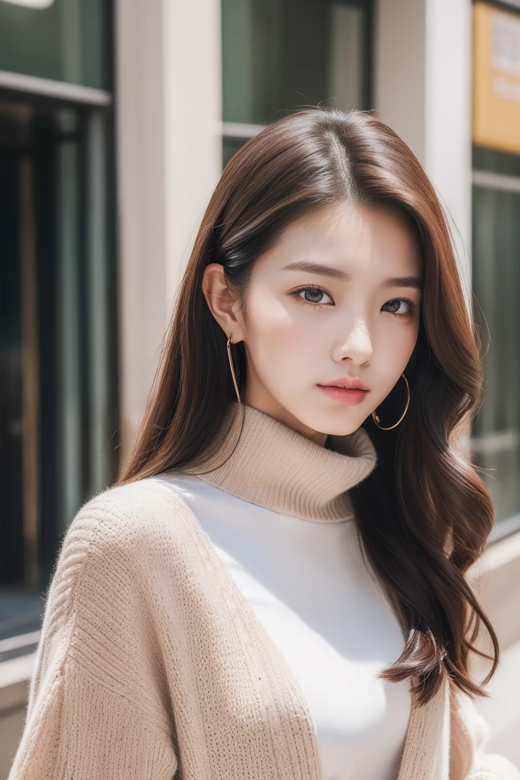 (8k，realisticlying，Very detailed faces，poster for，动态照明，Street photography，full bodyesbian,tmasterpiece，optimal，Highlight long legs)
The streets of early autumn，Sunlight shines through the sparse clouds，Soft light shines on a street photography girl。Her long black hair scattered around her shoulders fluttered slightly，A gentle autumn breeze gently brushed her face，Reflecting her fair skin，It seems to reveal a natural blush。She is slender and has slender eyebrows，Deep eyes，Exudes a gentleness and intelligence。In terms of makeup，She chose light makeup，Natural and feminine。Her skin looks very clear，As if there were no flaws。The eye makeup is refined and bright，She outlined the light eye sockets with pale pink eyeshadow，Then use fine eyeliner to outline the contours around the pupils，Finally, apply a thick layer of mascara，Make your eyes more alert。Clothing details，She chose a stylish and simple outfit。She wears a loose half-turtleneck cardigan，The colors are warm and soft，Exudes the temperature of early autumn。The lower body is paired with a pair of skinny jeans，It shows the line of her slender and attractive legs。She stepped on a pair of simple and stylish black tall boots，It is both comfortable and highlights her youthful vitality。Details aspect，She wears a pair of silver earrings，Shimmering slightly，Adds a highlight to the overall look。On his wrist he wears a delicate watch，Stylish and tasteful。She holds a charming little handbag，Complement your outfit。This early autumn street photo of the girl's appearance, makeup, and clothing details depicted，Showcasing her natural beauty、Fashion taste and youthful vitality，It has attracted the attention of countless passers-by。