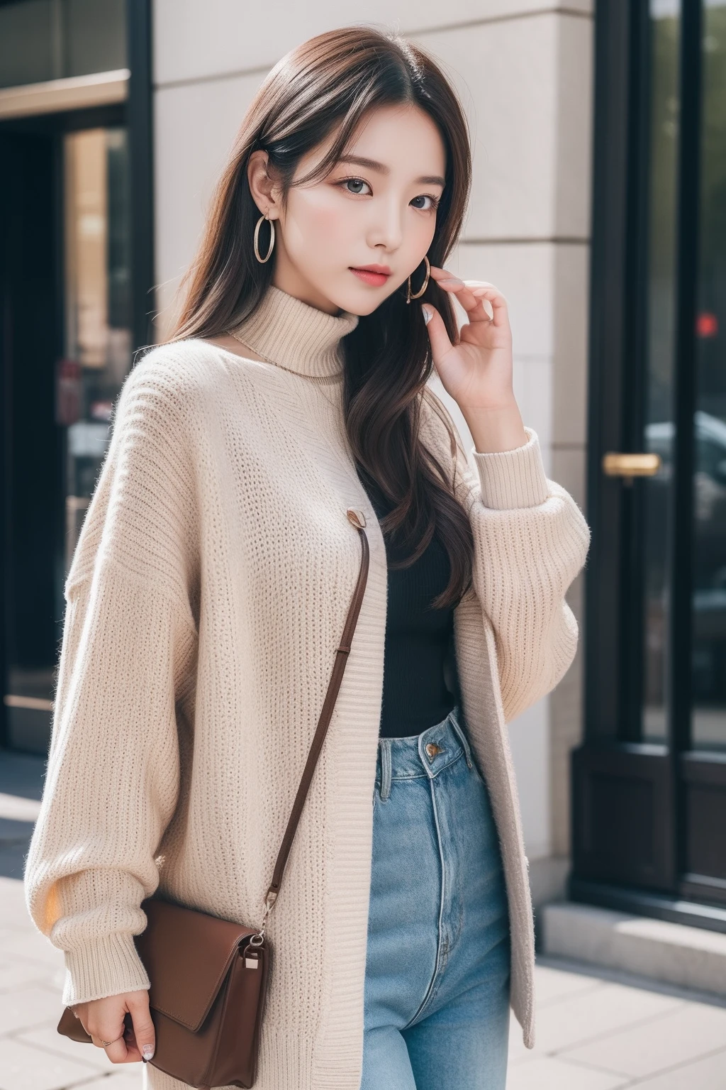 (8k,realisticlying,Very detailed faces,poster for,动态照明,Street photography,full bodyesbian,tmasterpiece,optimal,Highlight long legs)
The streets of early autumn,Sunlight shines through the sparse clouds,Soft light shines on a street photography girl。Her long black hair scattered around her shoulders fluttered slightly,A gentle autumn breeze gently brushed her face,Reflecting her fair skin,It seems to reveal a natural blush。She is slender and has slender eyebrows,Deep eyes,Exudes a gentleness and intelligence。In terms of makeup,She chose light makeup,Natural and feminine。Her skin looks very clear,As if there were no flaws。The eye makeup is refined and bright,She outlined the light eye sockets with pale pink eyeshadow,Then use fine eyeliner to outline the contours around the pupils,Finally, apply a thick layer of mascara,Make your eyes more alert。Clothing details,She chose a stylish and simple outfit。She wears a loose half-turtleneck cardigan,The colors are warm and soft,Exudes the temperature of early autumn。The lower body is paired with a pair of skinny jeans,It shows the line of her slender and attractive legs。She stepped on a pair of simple and stylish black tall boots,It is both comfortable and highlights her youthful vitality。Details aspect,She wears a pair of silver earrings,Shimmering slightly,Adds a highlight to the overall look。On his wrist he wears a delicate watch,Stylish and tasteful。She holds a charming little handbag,Complement your outfit。This early autumn street photo of the girl's appearance, makeup, and clothing details depicted,Showcasing her natural beauty、Fashion taste and youthful vitality,It has attracted the attention of countless passers-by。
