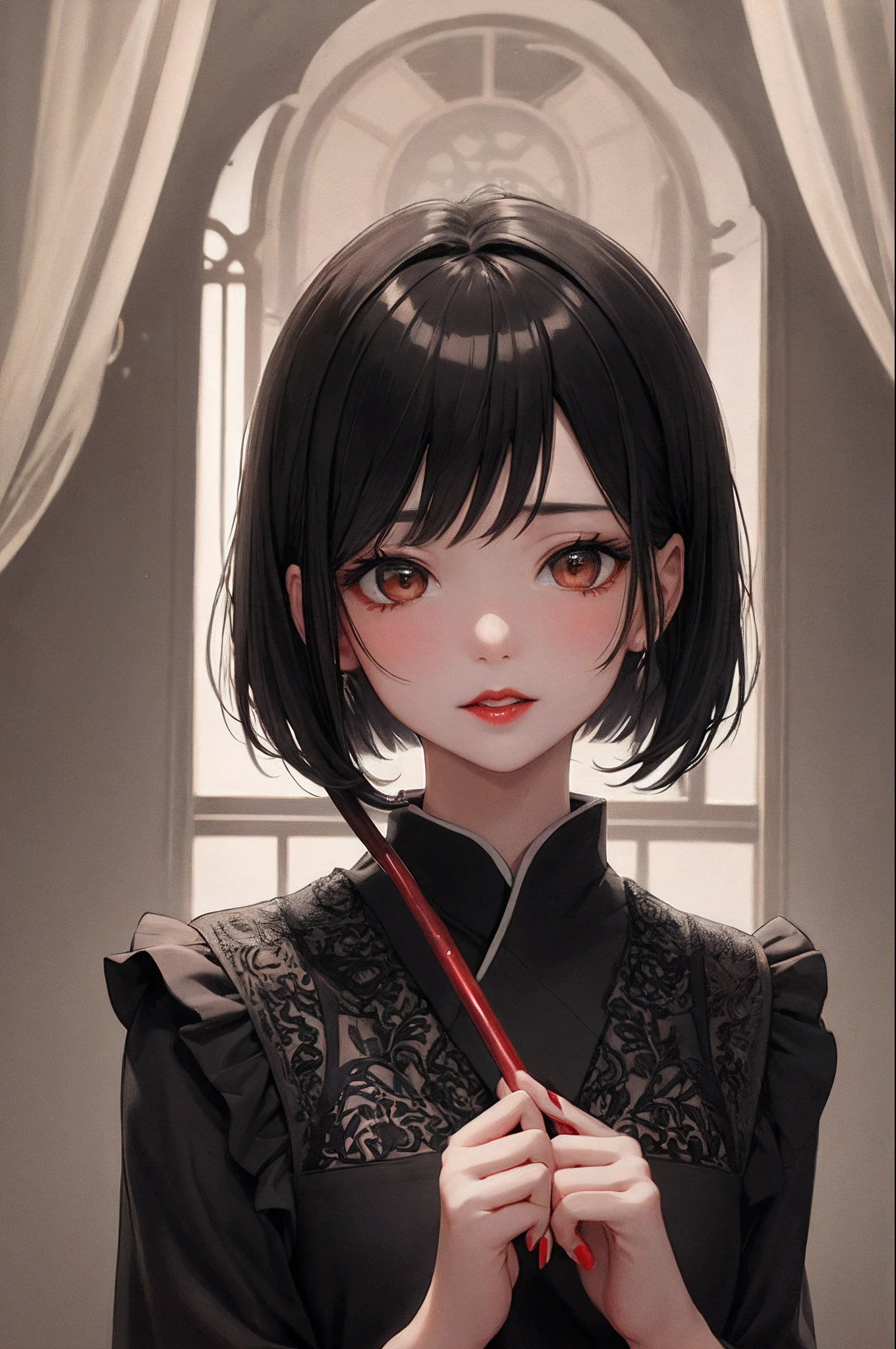 Highest image quality，excellent details，超A high resolution，（fidelity：1.5），The best illustrations，Favor the details，Highly cohesive 1girl，She has a delicate and beautiful face、Pure Japanese face、Pure black goth loli clothes、lips are bright red、Lips are also bright red、Blood dripping from the lips、Pointed two-handed nails、Little cute face、Hold the direction controller，hairstyle is short bob、Dimly lit ruins in the background
