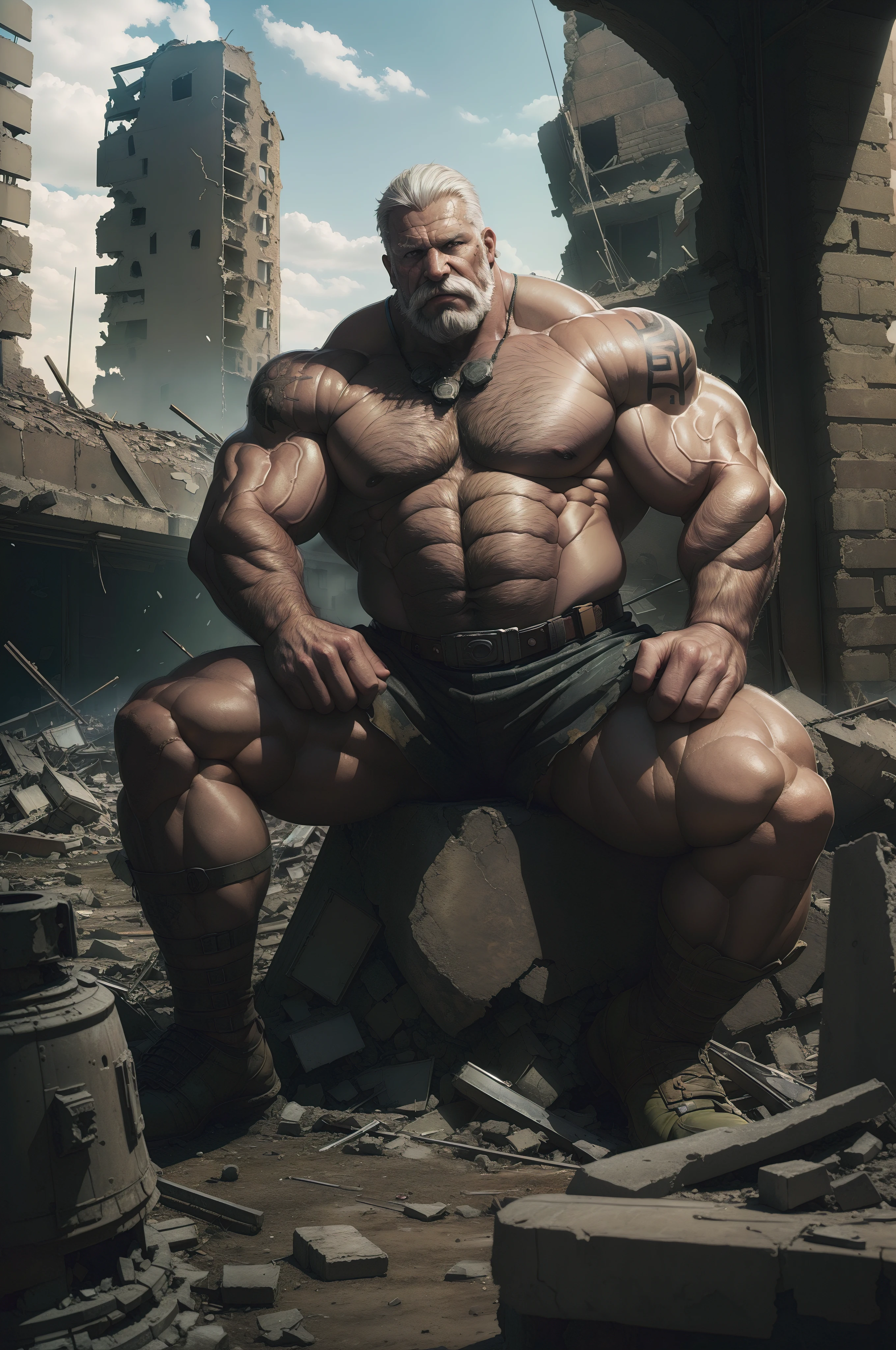 extremely detailed, detailed face, detailed eyes, detailed muscle, (view full body), ((1man)), (object (big muscular old man soldier sitting resting in the ruins of the building)), the old man is soldier and wearing soldier uniform, old man ((mustache), tattoo, (battel scar face), short hair, white hair, strong character, strong muscle), (background ((waster land, post-apocalypse, ruined city))), (photography (50mm lens, cinematic, cinematic color))