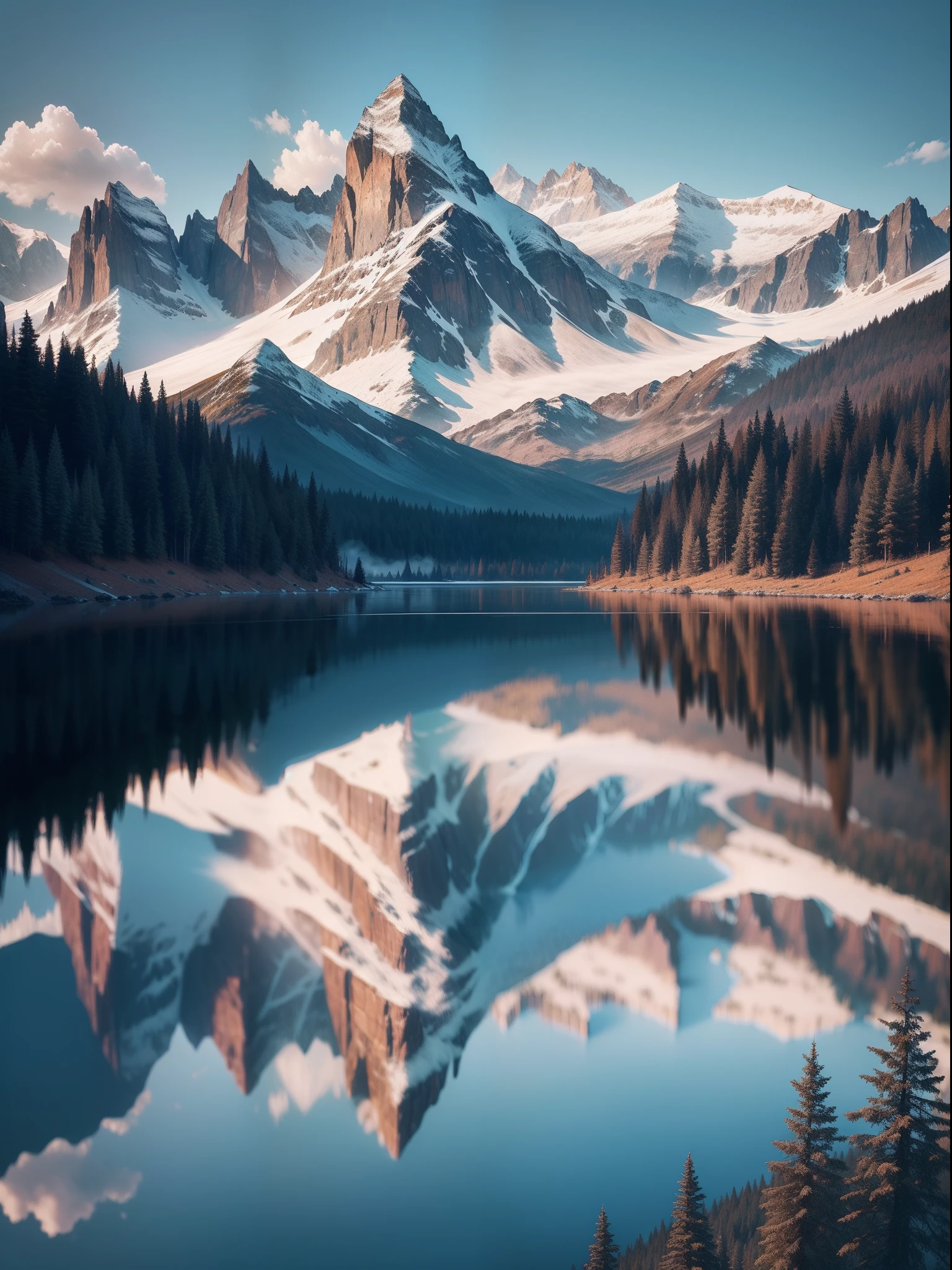Illustration of a giant lake surrounded by trees with mountains on the horizon, (wildlife) (Animals)(leaves)(masterpiece) 4k