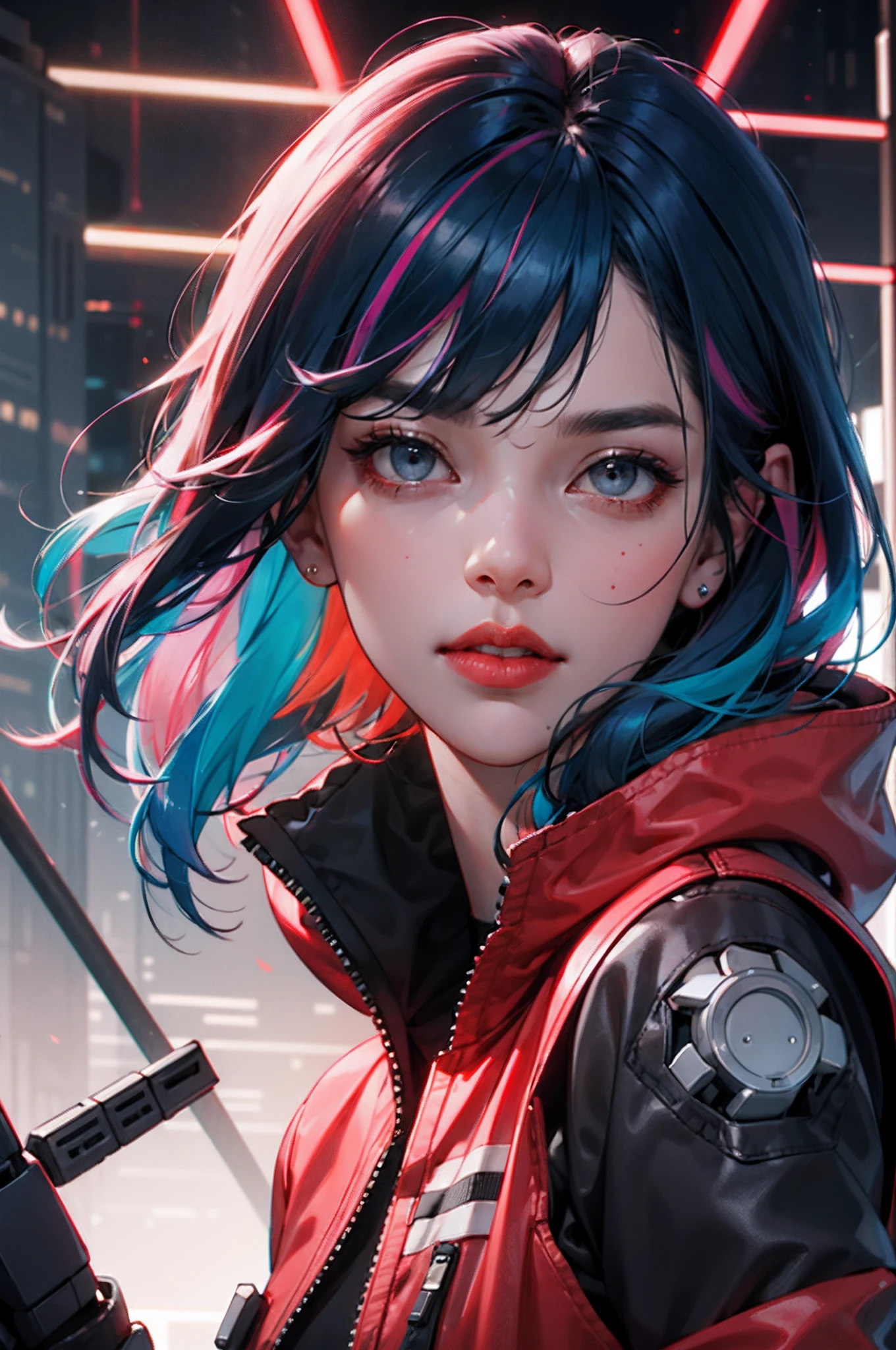 lucy \(cyberpunk\), 1girl, bangs, blue hair, colored tips, grey eyes, jacket, long sleeves, looking at viewer, medium hair, face portrait, multicolored hair, hair flying upwards, parted lips, parted bangs, (crazy eyes), eyes open wide, half face, pink hair, portrait, red eyeliner, red lips, solo, white jacket, cyberpunk \(series\), cyberpunk edgerunners