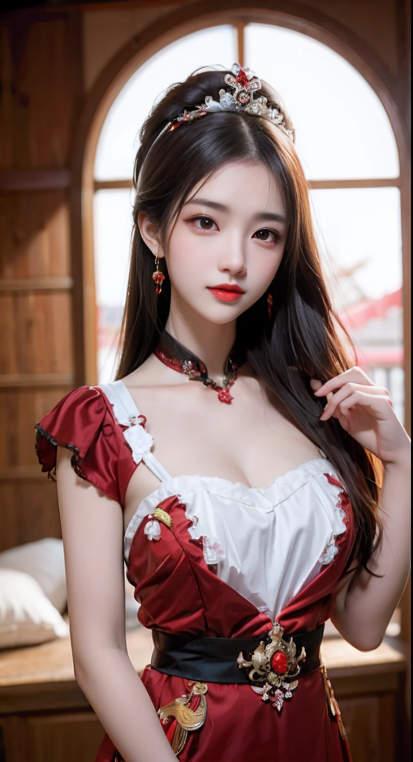 ((Photo from upper body to thigh: 1.4)), ((best soft studio lighting: 1.2)), (sexy stylish Thai princess: 1.3), photorealistic, ultra high resolution, (smiling face), long natural flowing hair, small breasts, (ultra detailed beautiful face), BREAK, clear sharp focus, perfect dark eyeshadow, vivid colors, (in the clearing of an ultra detailed ancient mystery forest: 1.3), bold lipstick, lip-gloss, wear an off-shoulder top, full bodyesbian, ((Red-black pleated mini skirt)), (lace-up corset (lacy red or crimson) silked), ((Versace silked bustier top)), ((lace-up)), (sexy braided hold-up tights), (-pantise), blue eyeliner, (beautiful princess with long legs and good style)