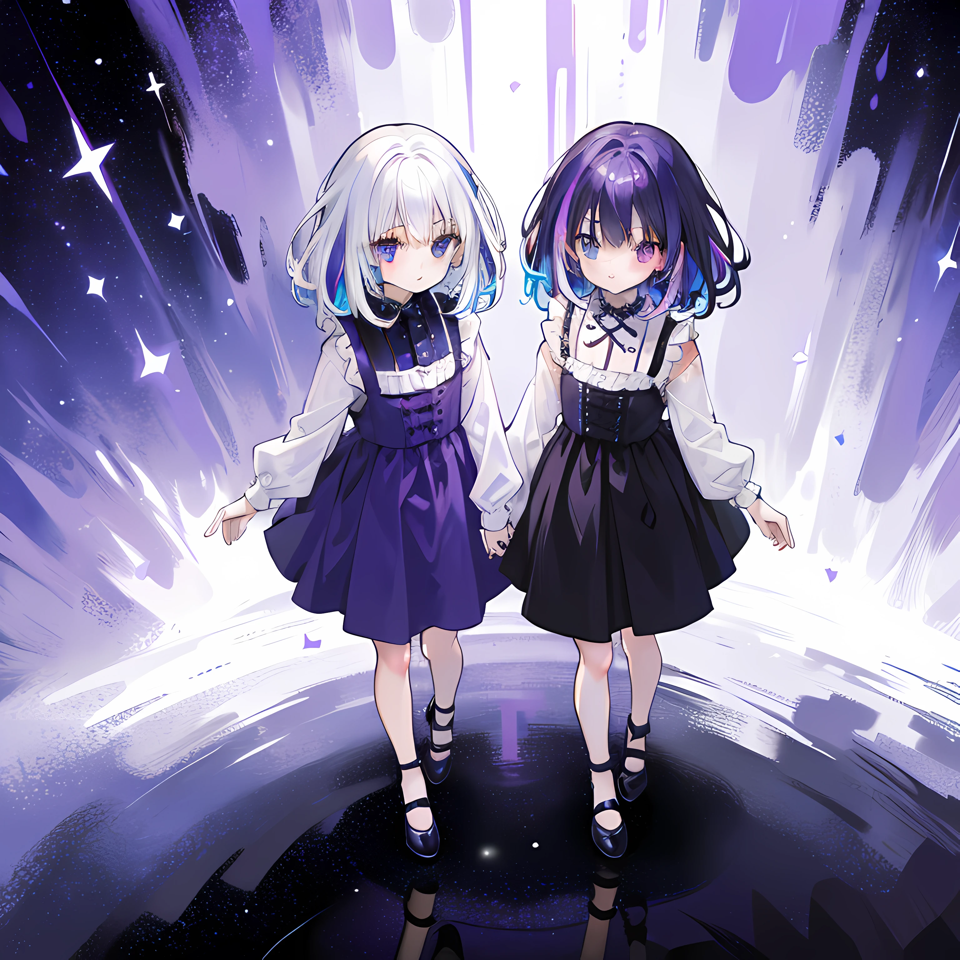 masterpiece,(best quality),(twin girls), (high contrast:1.2), (high saturation:1.2), ((black and white sdress)), looking at viewer,((purple and blue theme:1.3)),((purple and blue background:1.5)),white hair,blue eyes,((walking:1.3)),full body, sexy pose, black footwear,((the blue water on ground reflecting the starry sky and nebula and galaxy)),((from above:1.2)), (colorful:1.5), (colorful hair:1.5),  Heterochromia