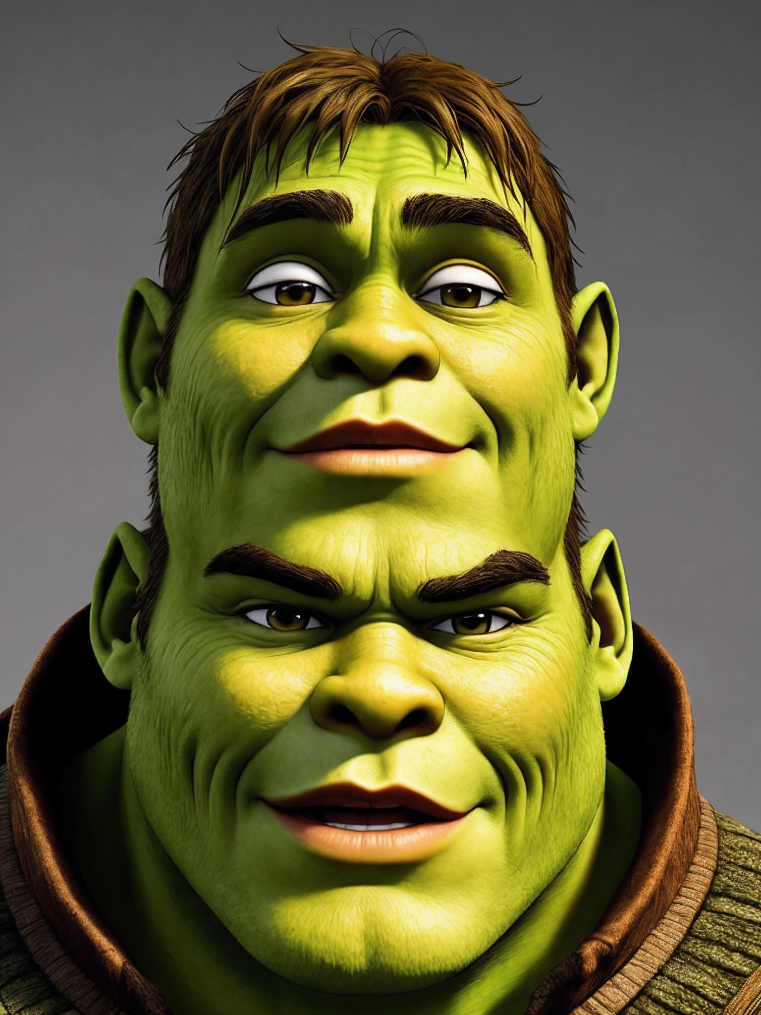 Personagem Shrek, sentado em uma privada, with a forced face, semi realista, um banheiro no fundo