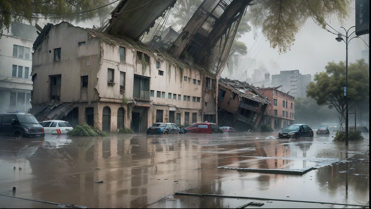 realistic, collapsed buildings, torrential rain, severe flooding, chaos and destruction, atmosphere of despair