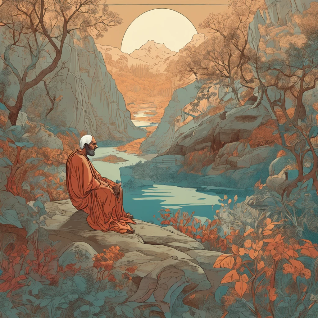 In the tranquil embrace of nature, Aeschylus finds a haven for contemplation and creativity. Seated on a simple stone, his robes draped elegantly, he gazes out across the landscape with a mixture of serenity and intensity. His bald head gleams in the warm sunlight, a beacon of wisdom in the midst of the natural world.
Surrounded by the whispers of rustling leaves and the gentle murmur of a nearby brook, Aeschylus finds inspiration in the symphony of nature. His posture is one of profound thoughtfulness, his hands resting on his knees as he delves into the recesses of his mind. The lines on his face bear witness to a life rich with experience, each crease telling a tale of stories crafted and truths uncovered.
As he meditates on the mysteries of existence, the wind plays a soft melody through his robes, carrying with it the scent of earth and blossoms. His eyes, deep and introspective, reflect a mind engaged in a dance between the tangible and the abstract. In this harmonious union of man and nature, his thoughts flow like a river, weaving connections between the human drama he crafts and the greater cosmic narratives that unfold around him.
The world around him becomes a living tapestry, every rustling leaf, every distant call of a bird, a thread woven into the fabric of his contemplation. The solitude of the outdoors grants him a canvas upon which he paints with the colors of imagination and the ink of introspection. In this symbiotic relationship with the natural world, he discovers the seeds of his next masterpiece, finding harmony between the narratives of mankind and the unending stories told by the earth itself.
