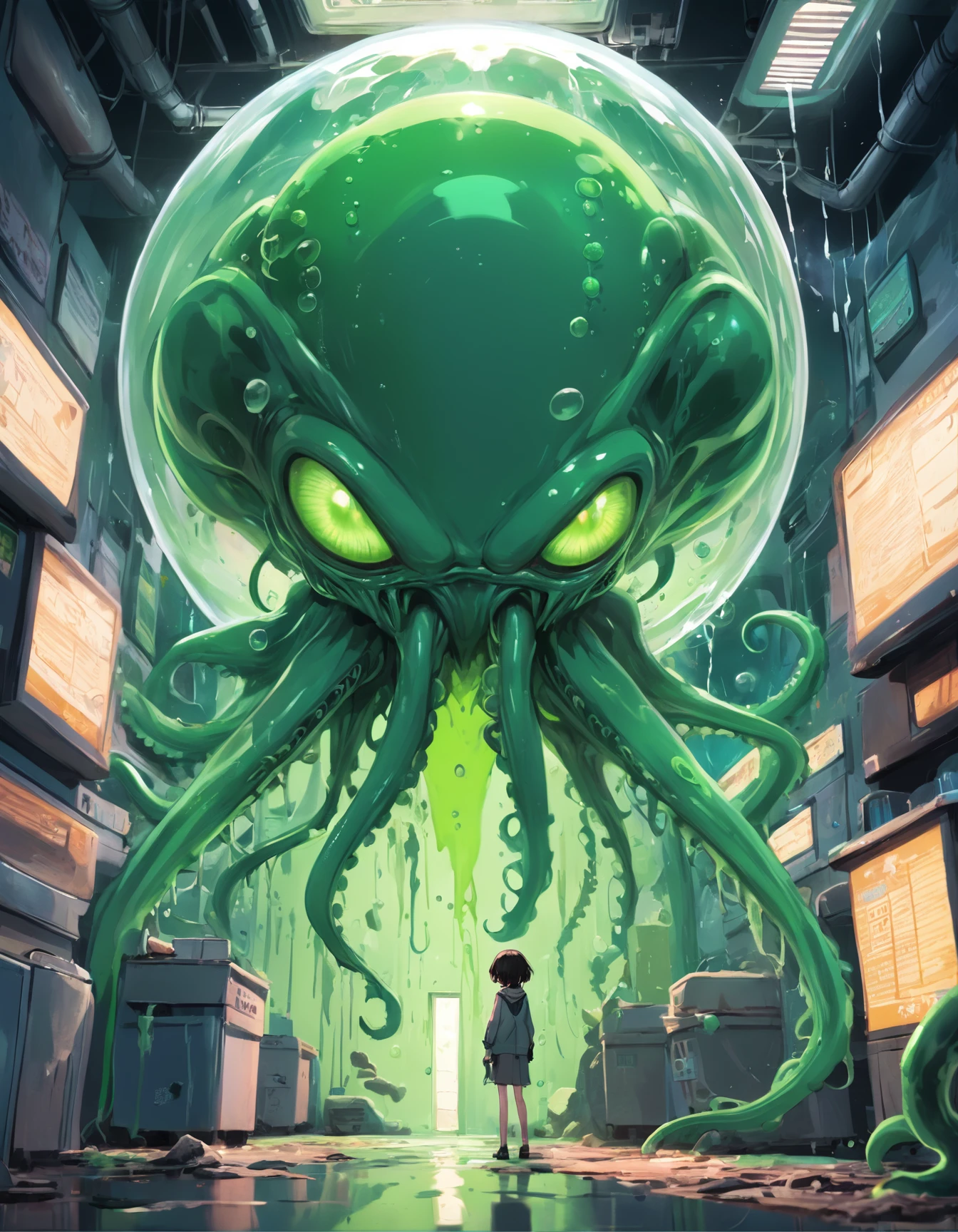 Green slime alien bubble with tentacles,invasion of green slime alien bubbles coming out of the bathroom,Background Story:banheiro pequeno,1WC,1janela,Piso quadriculado,mess,Jornais,(Green Slime Explosions),