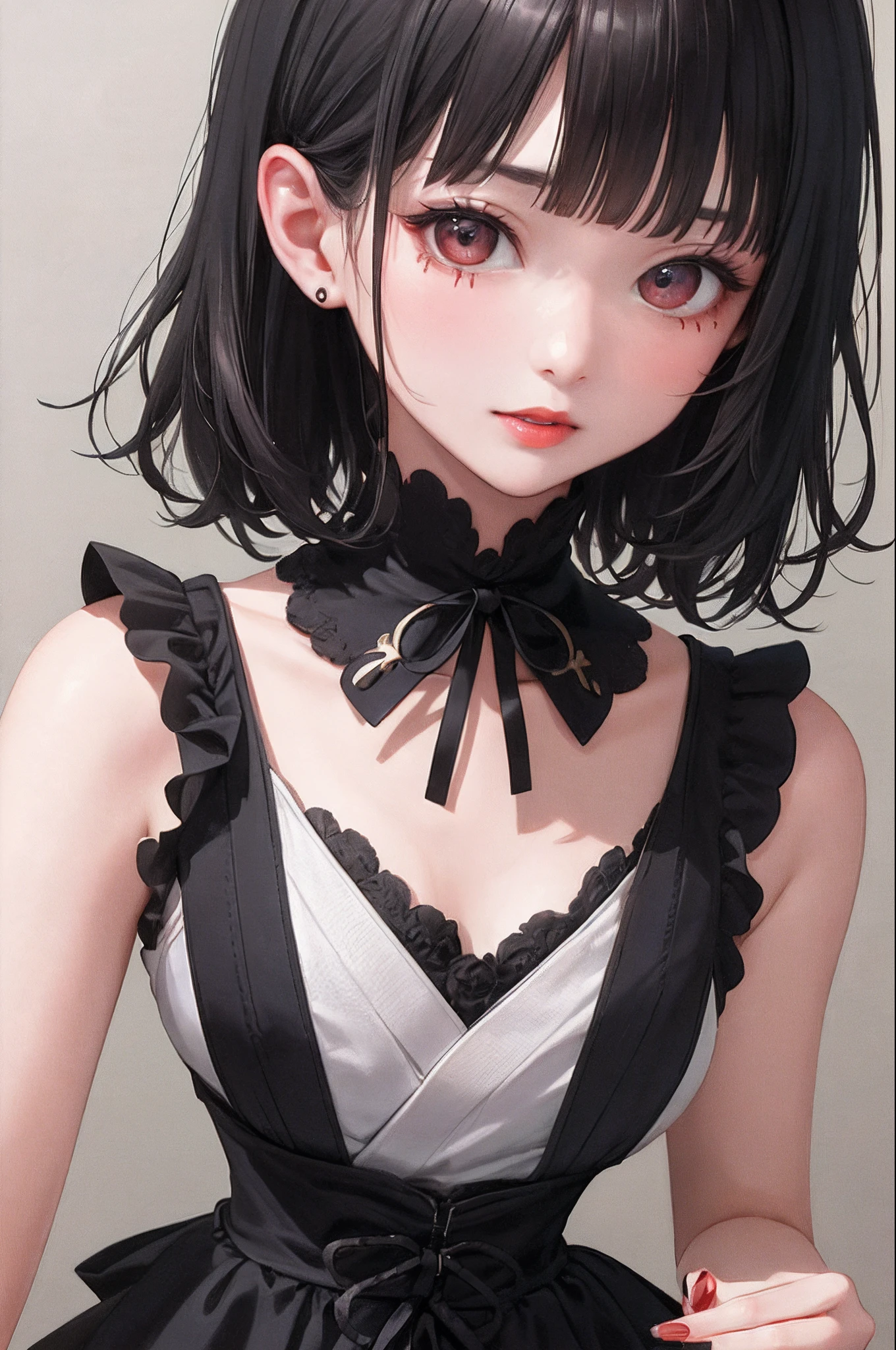 Highest image quality,excellent details,超A high resolution,(fidelity:1.5),The best illustrations,Favor the details,Highly cohesive 1girl,She has a delicate and beautiful face、Pure Japanese face、Pure black goth clothes、lips are bright red、Lips are also bright red、Blood dripping from the lips、Pointed two-handed nails、Little cute face、Hold the direction controller,hairstyle is short bob、Dimly lit ruins in the background