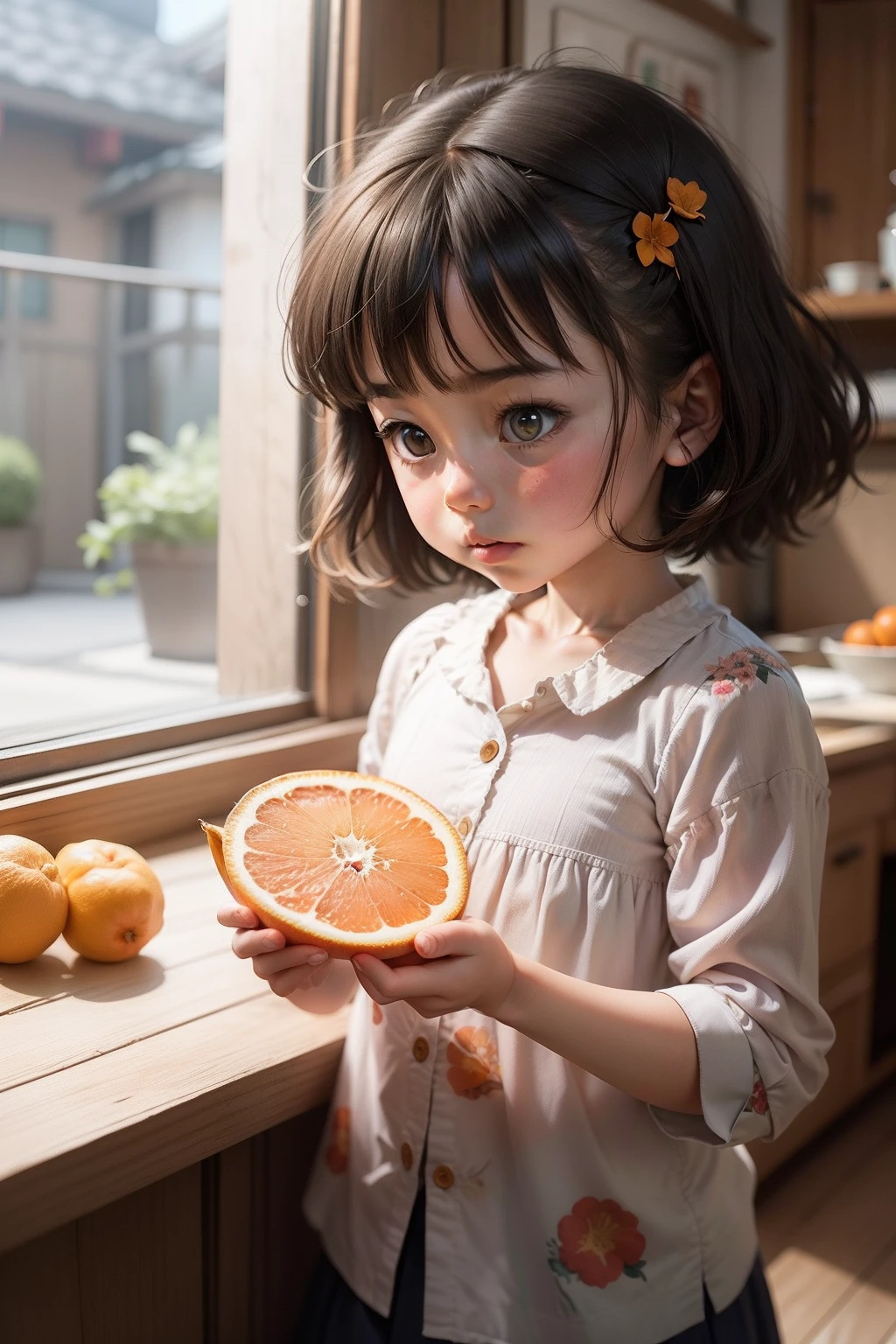 Generate a picture of a little girl wearing a floral shirt eating oranges in the style of Hayao Miyazaki