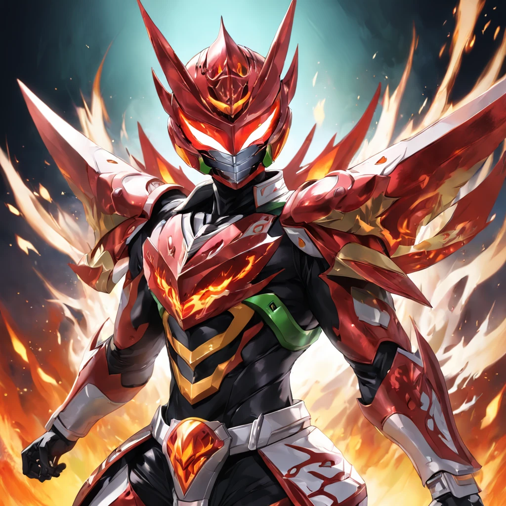 Kamen Rider,Helmet in the shape of locust elements,Closed face shield,red colour,Flame element，Faust，the Chinese character "firey" in the middle of Kamen Rider's Belt，Yugioh artwork, top-quality, tmasterpiece, A high resolution