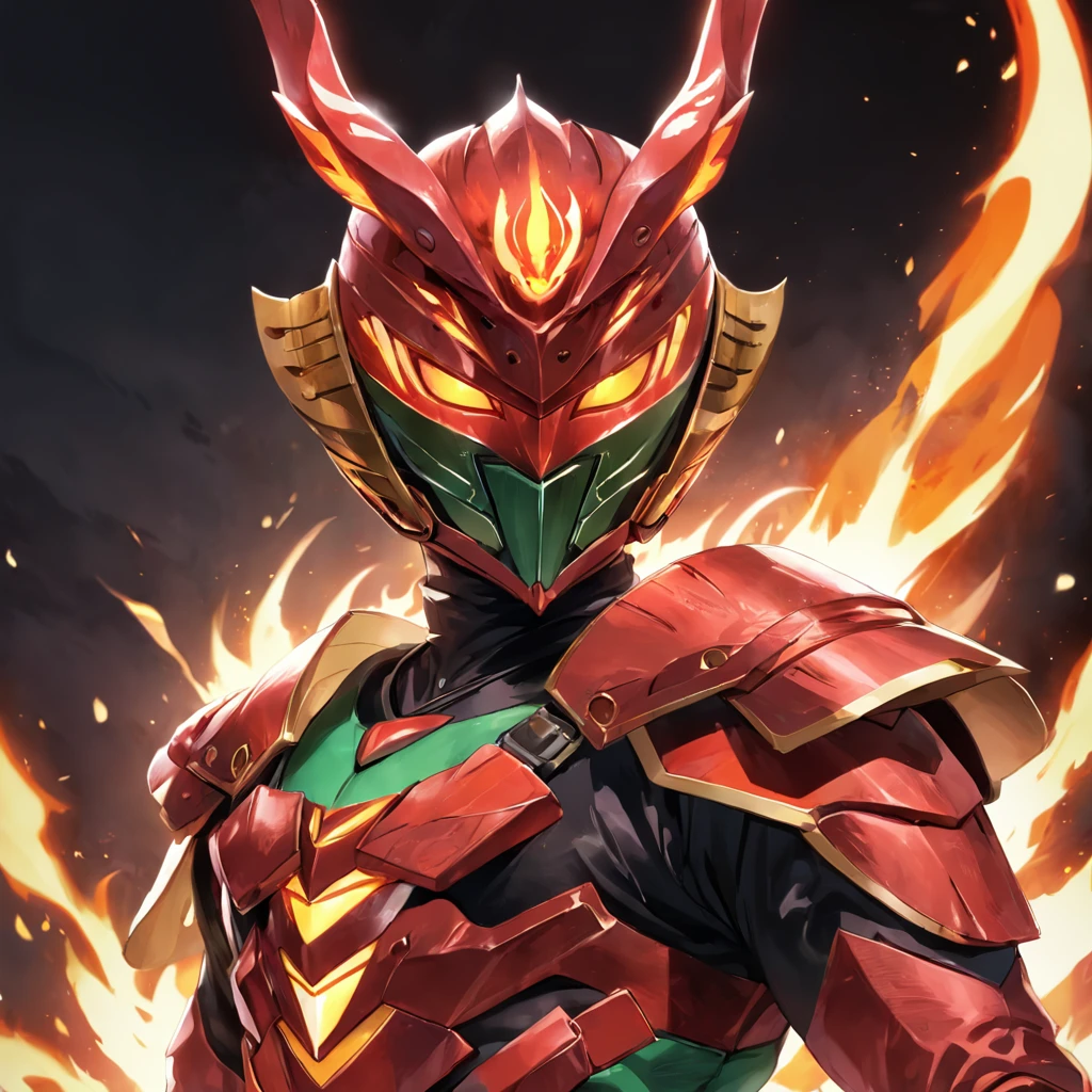 Kamen Rider,Helmet in the shape of locust elements,Closed face shield,red colour,Flame element,Faust,the Chinese character "firey" in the middle of Kamen Rider's Belt,Yugioh artwork, top-quality, tmasterpiece, A high resolution