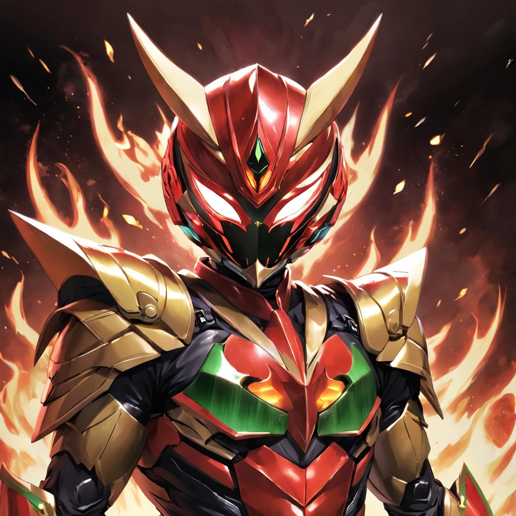 Kamen Rider,Helmet in the shape of locust elements,Closed face shield,red colour,Flame element,Faust,the Chinese character "firey" in the middle of Kamen Rider's Belt,Yugioh artwork, top-quality, tmasterpiece, A high resolution