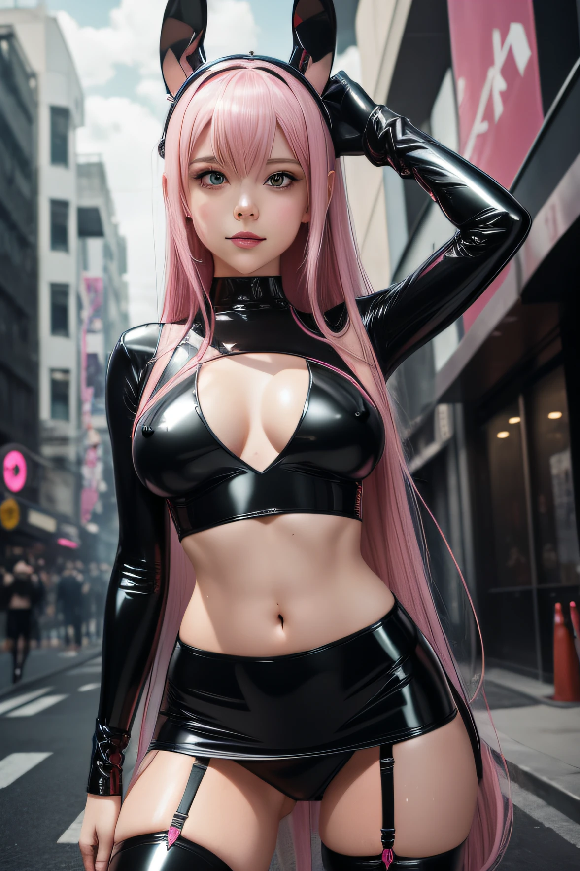 Zero Two Darling in the Franxx, 1 girl, Underboob, Small black semi see-through top, big breasts, erected pink nipples, bites bottom lip, Bunny pose, sexy pose, View from below, (((Black latex micro mini skirt ))) , smiling to the camera, stockings and garter belt, perfect body, We see her slim and tight, wet, pink hair, she is in a street Day Light Cyberpunk City, 8k, real skin, realystic, HDR, ultra resolution, light leaks