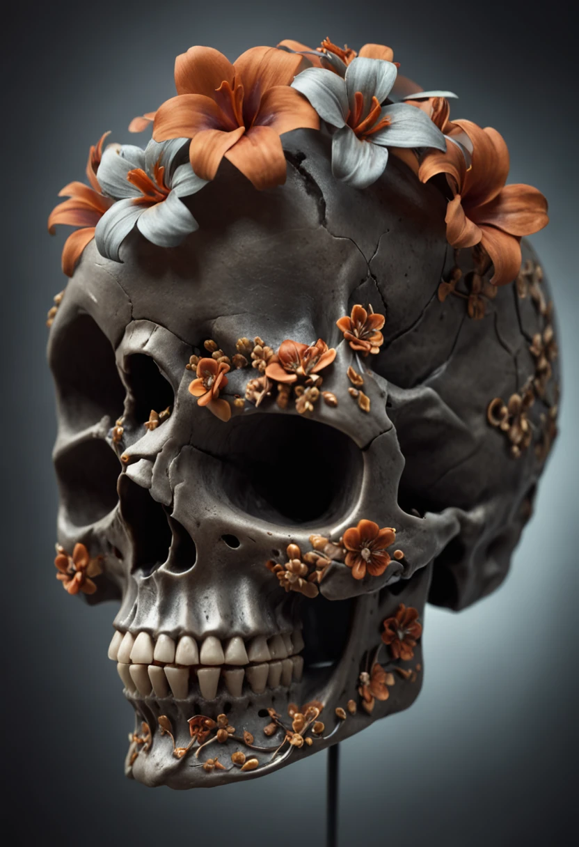 skull-shaped honeycomb,with alyssum flower,some bees,looks like larva and honey inside,4k,upscales