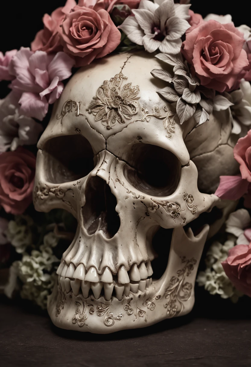 Floral Decorated Skull, low key lighting, Dark background, Detailed, macabre, art by dali, surrealist, Digital painting, Sharp focus, artstation