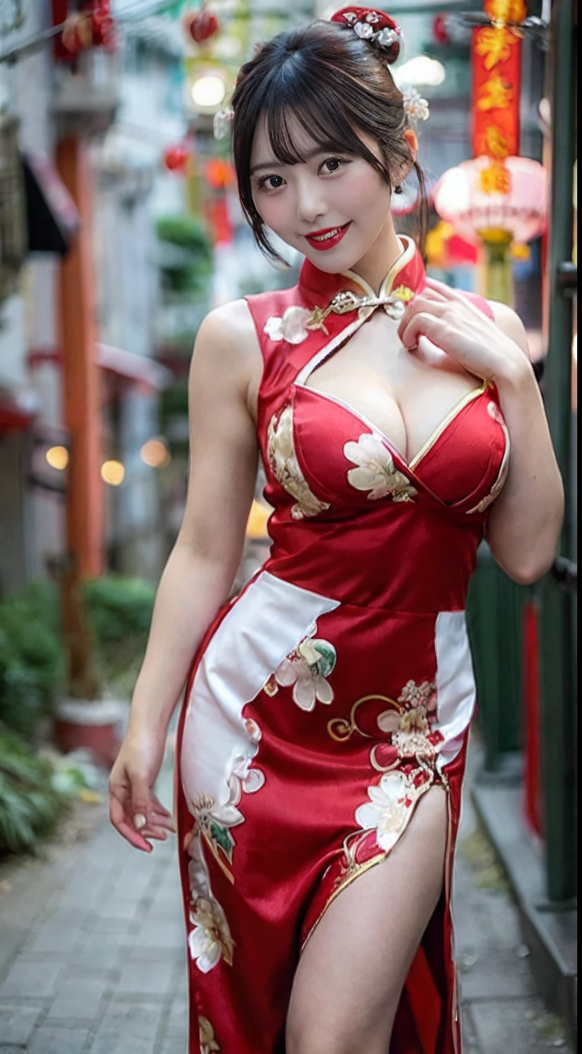 1girl in ,(qipao dress),Colossal tits, wide open cleavage,(( Character Play)),((Chinatown)) , (Red Lip), (Black medium hair),Smiling, ((looking to camera)), High resolution,Highly detailed, Random Posing, looking to camera,multiple views