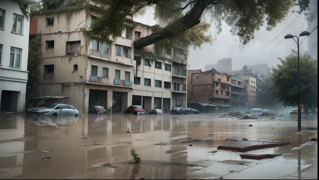 realistic, collapsed buildings, torrential rain, severe flooding, chaos and destruction, atmosphere of despair