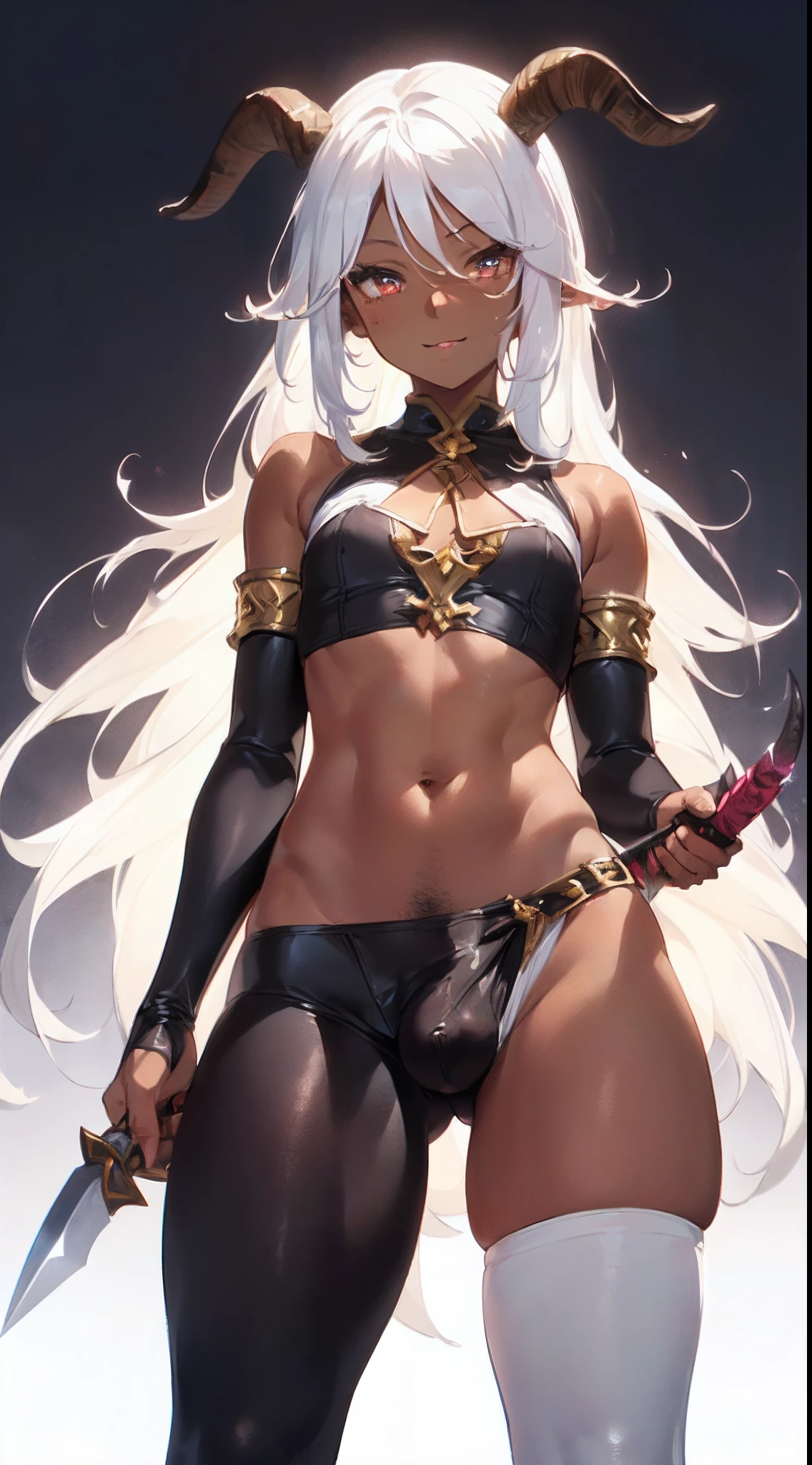 (fantasy tavern background:1.5) 1girl (dark skin:1.4) (trap:1.2) (illustration:1.5) (flat chest:1.5) (large ass:1.2) short person (holding daggers in hands:1.3) (large crotch bulge:1.5) (shoulder length white hair:1.3) (goat horns) (goat ears) loli, highly detailed, 4k, 8k, ultra-detailed face, best quality face full body shot, friendly smile, croptop, exposed stomach, thigh-highs, thong, adventurer