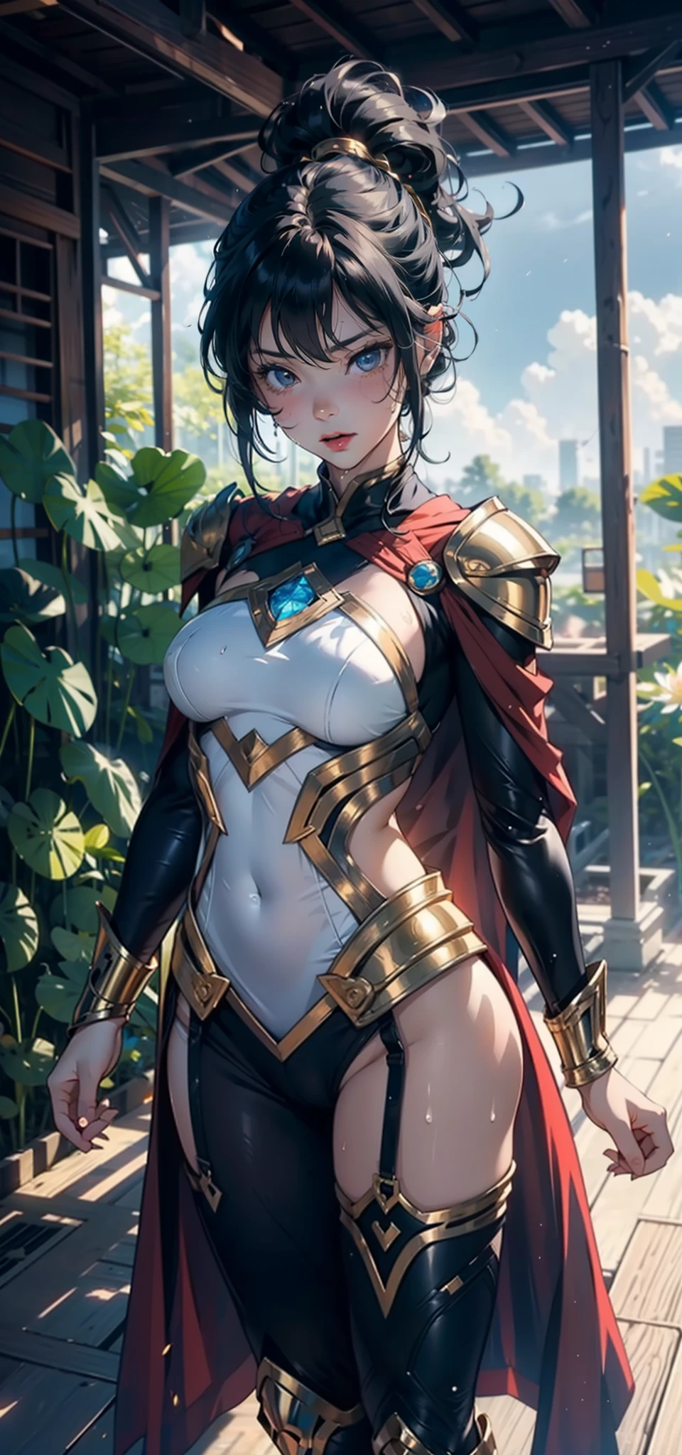 1female,age 5,Small loli,Low chest exposure, 独奏,(Background with:bamboo forrest,lotuses,lotus flower,exteriors,Lotus pond) She has short black hair,standing on your feet,Sweat profusely,drenched all over the body,seen from the front, hair straight, mostly cloudy sky,(((tmasterpiece),(Very detailed CG unity 8K wallpaper),best qualtiy,cinmatic lighting,detailed back ground,beatiful detailed eyes,Bright pupils,Black eyes,(Very fine and beautiful),(Beautiful and detailed eye description),ultra - detailed,tmasterpiece,)),facing at camera,A high resolution,ultra - detailed),revealing breasts,Bare genitalia, Bulge,legs are open,Raised sexy,Camel toes,Flushed complexion,Open-mouthed,frontage,Gold Saint Seiya,Supergirl(Wearing:Cloak,Superman uniform,Armour,cyber punk style)