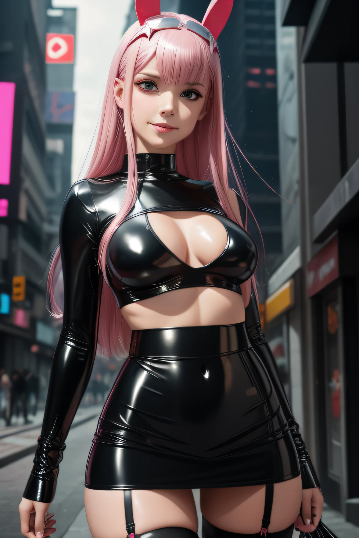 Zero Two Darling in the Franxx, 1 girl, Underboob, Small black semi see-through top, big breasts, erected pink nipples, bites bottom lip, Bunny pose, sexy pose, View from below, (((Black latex micro mini skirt ))) , smiling to the camera, stockings and garter belt, perfect body, We see her slim and tight, wet, pink hair, she is in a street Day Light Cyberpunk City, 8k, real skin, realystic, HDR, ultra resolution, light leaks