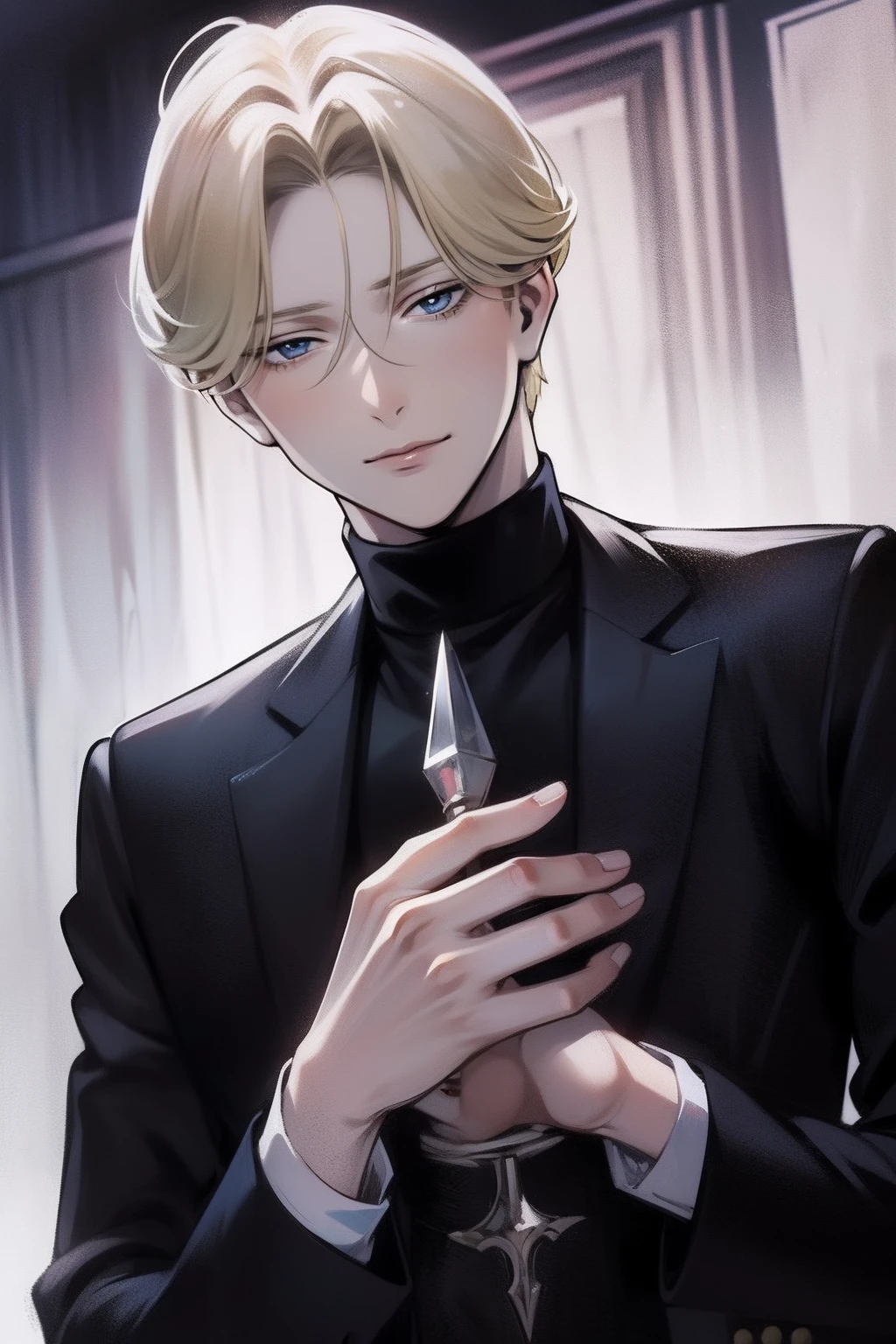 "Expressionless face, Johan Liebert with blonde hair and dark blue eyes."