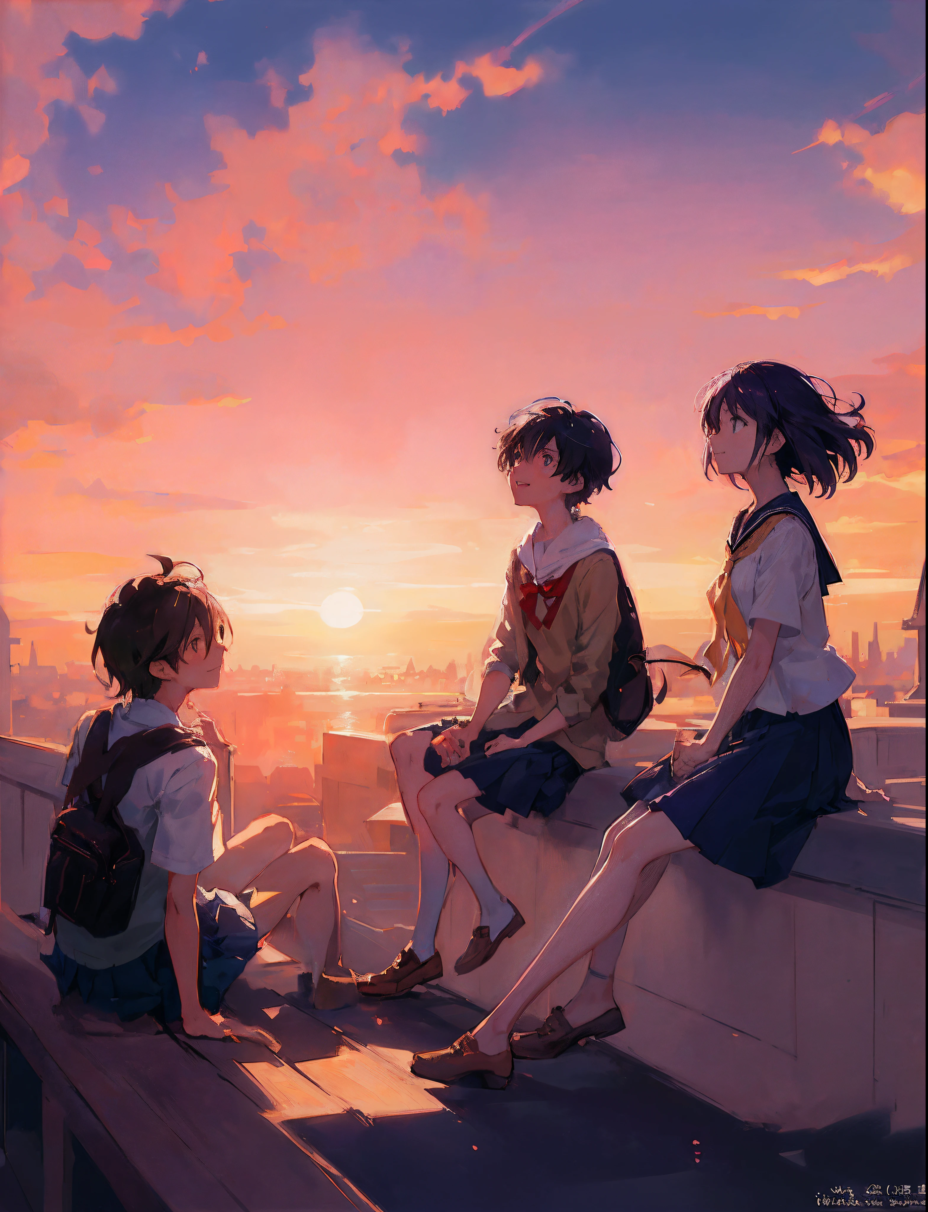 Create an exquisite illustration reminiscent of Makoto Shinkai's style, characterized by its superfine detail and top-tier quality.　Create a captivating illustration that encapsulates the essence of nostalgia and fantasy as a group of students gather on the rooftop of their school, all wearing smiles as they gaze at the mesmerizing sunset.