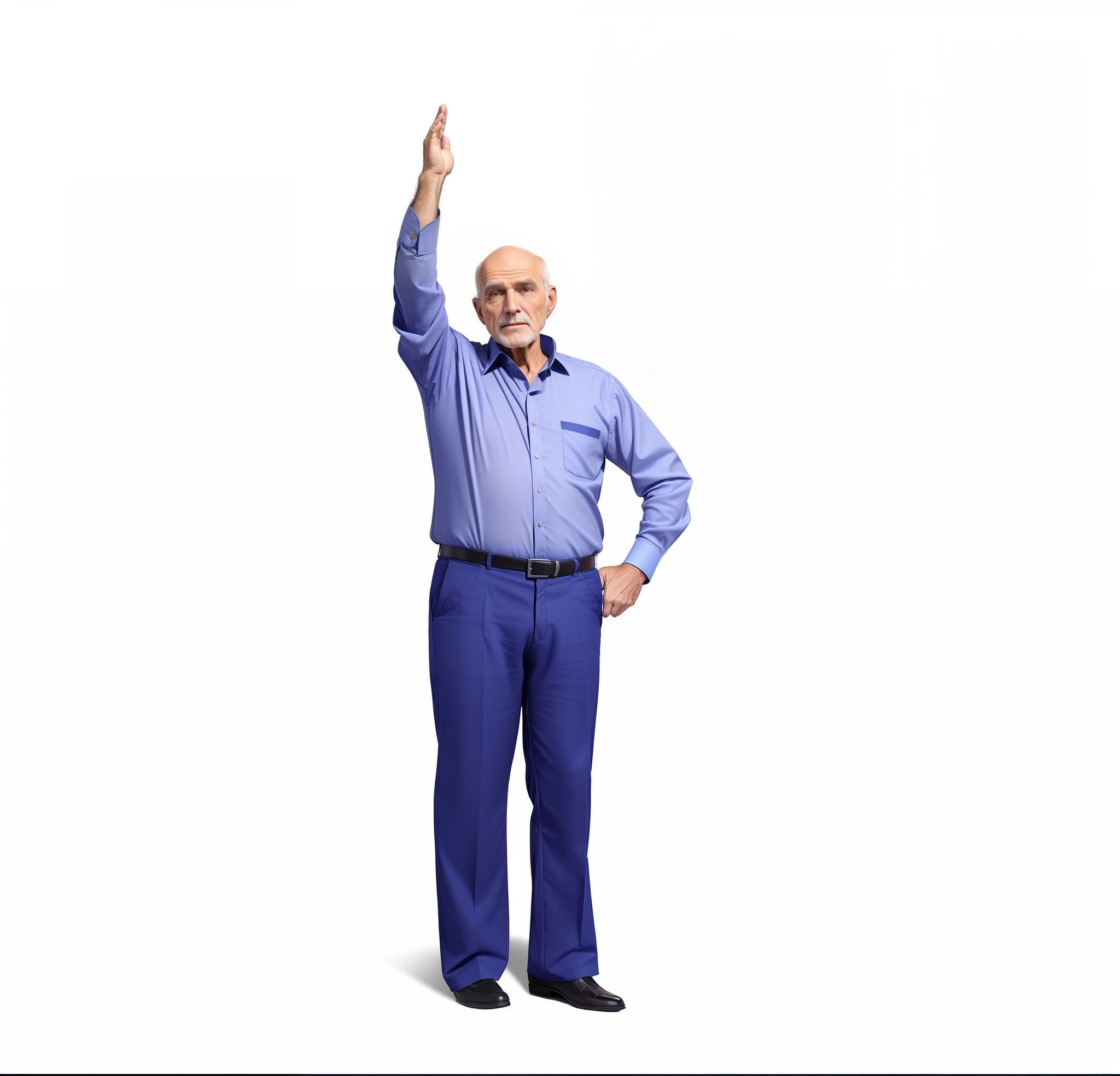 Bald white old man in blue shirt and pants standing with his hand up, indistinct man with his hand up, t pose, standing pose, man standing, t - pose, t-pose, dramatic standing pose, standing elegant pose, man standing in defensive pose, t-pose do assistente, Full body with dynamic Pose, ( figura altamente detalhada )