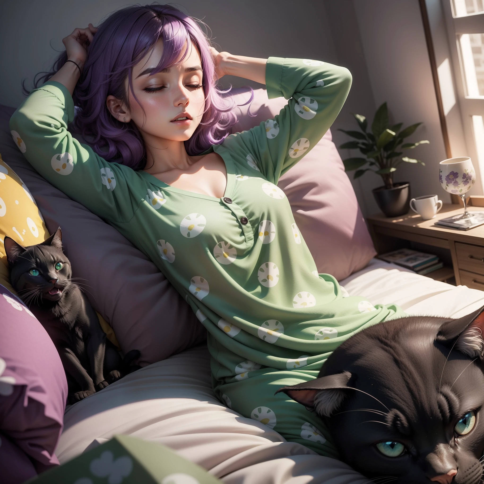 Create a lonely 30-year-old woman, com cabelos azuis escuros. She wears green pajamas with prints of mathematical equations. Your eyes are closed as you yawn, and a hand scratches his eyes, enquanto a outra descansa livremente. Ela parece exausta, com uma postura desajeitada. Sentada na cama em um quarto de videogame, The predominant colored lights are purple. No fundo, There is a black cat with yellow eyes.