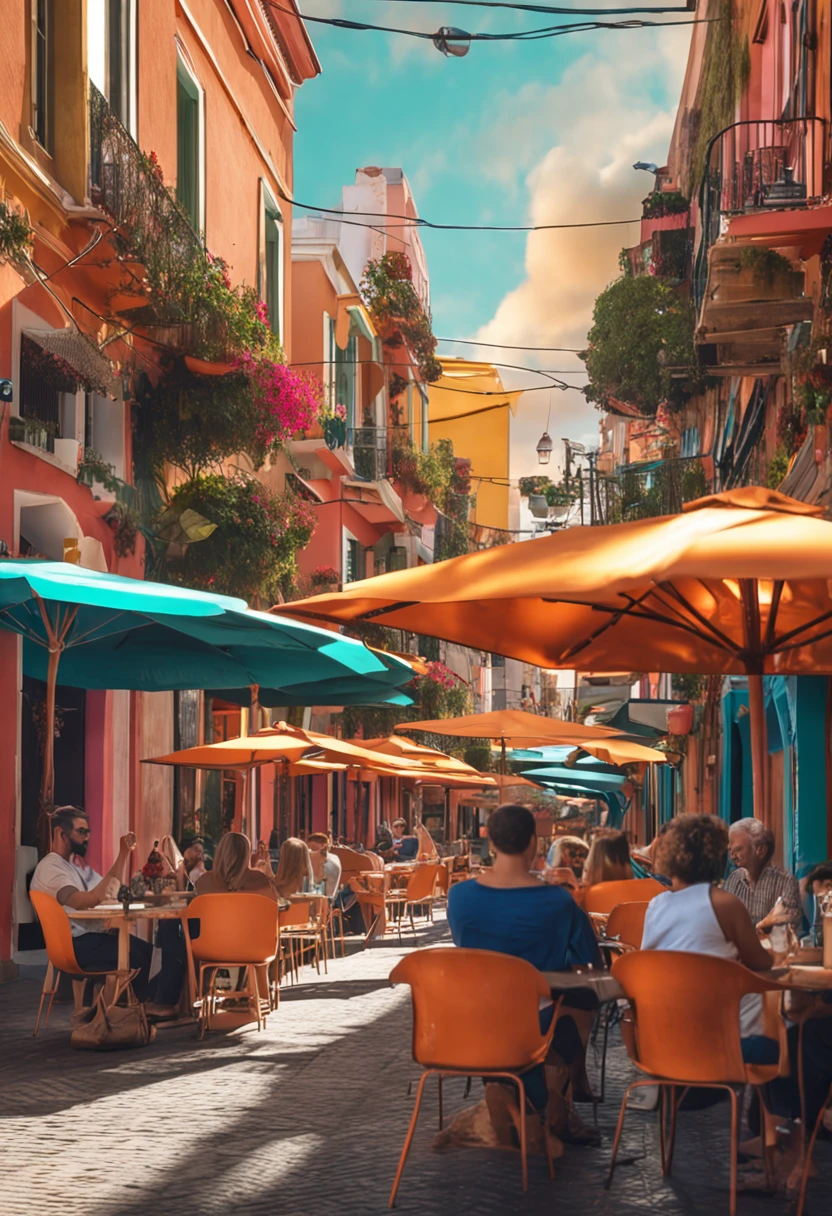 A vibrant image of a café, aconchegante, com mesas cheias de pessoas, felizes e satisfeitas comendo e bebendo(melhor qualidade: 1.4), (Ultra Highres: 1.2), (fotorrealista: 1.4), (8k, Foto RAW: 1.2), (medium shot: 1.4) alta realidade, detalhamento assentuado ao extremo,