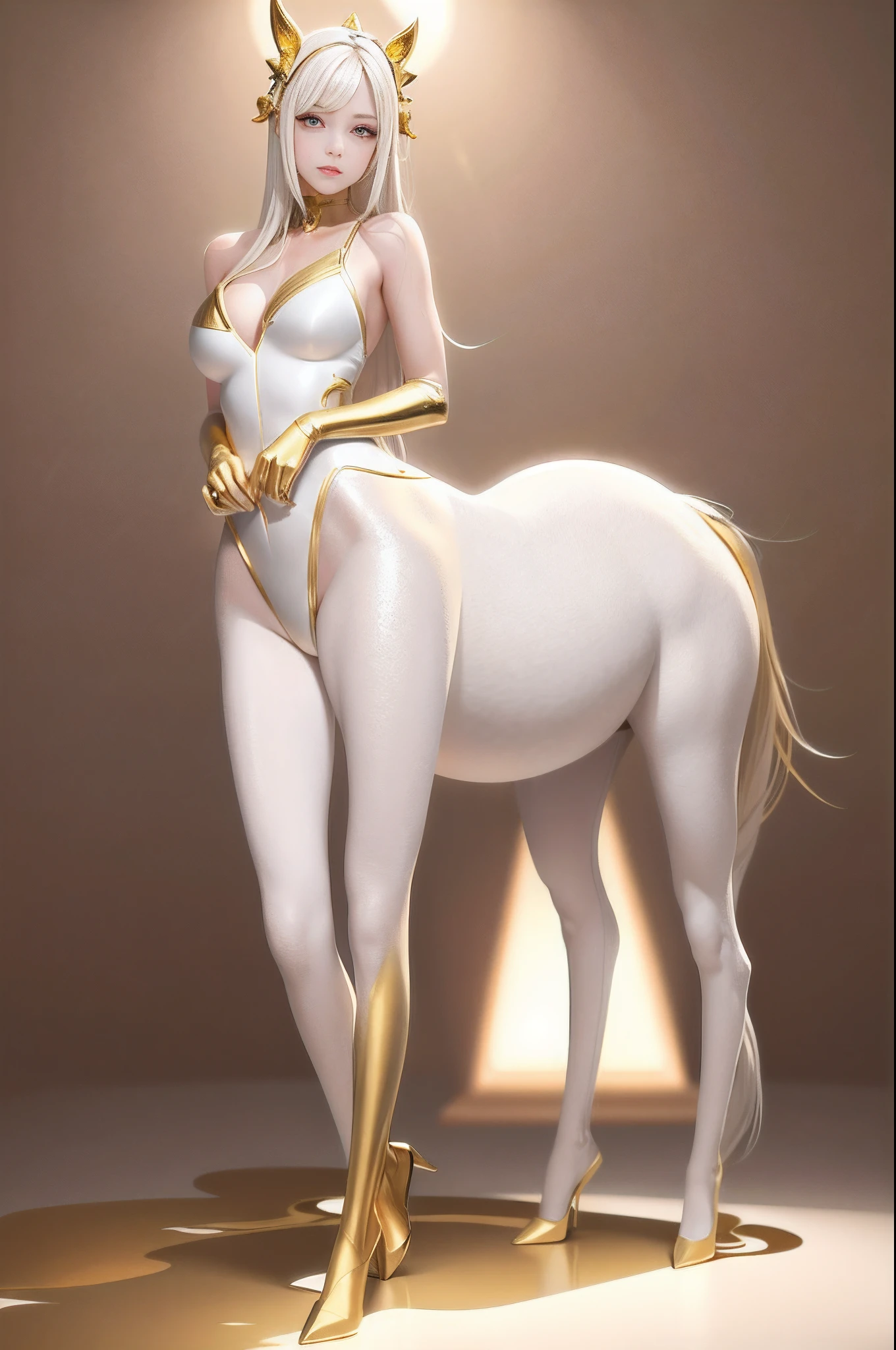 Need,tmasterpiece,whaite hair,Golden eyes,Manteau blanc,Look up,The upper part of the body,Hairline,Fair skin,SideBraid,Gold accents cover the whole body,The thighs are decorated with gold stripes,Gold ornaments cover the abdomen,