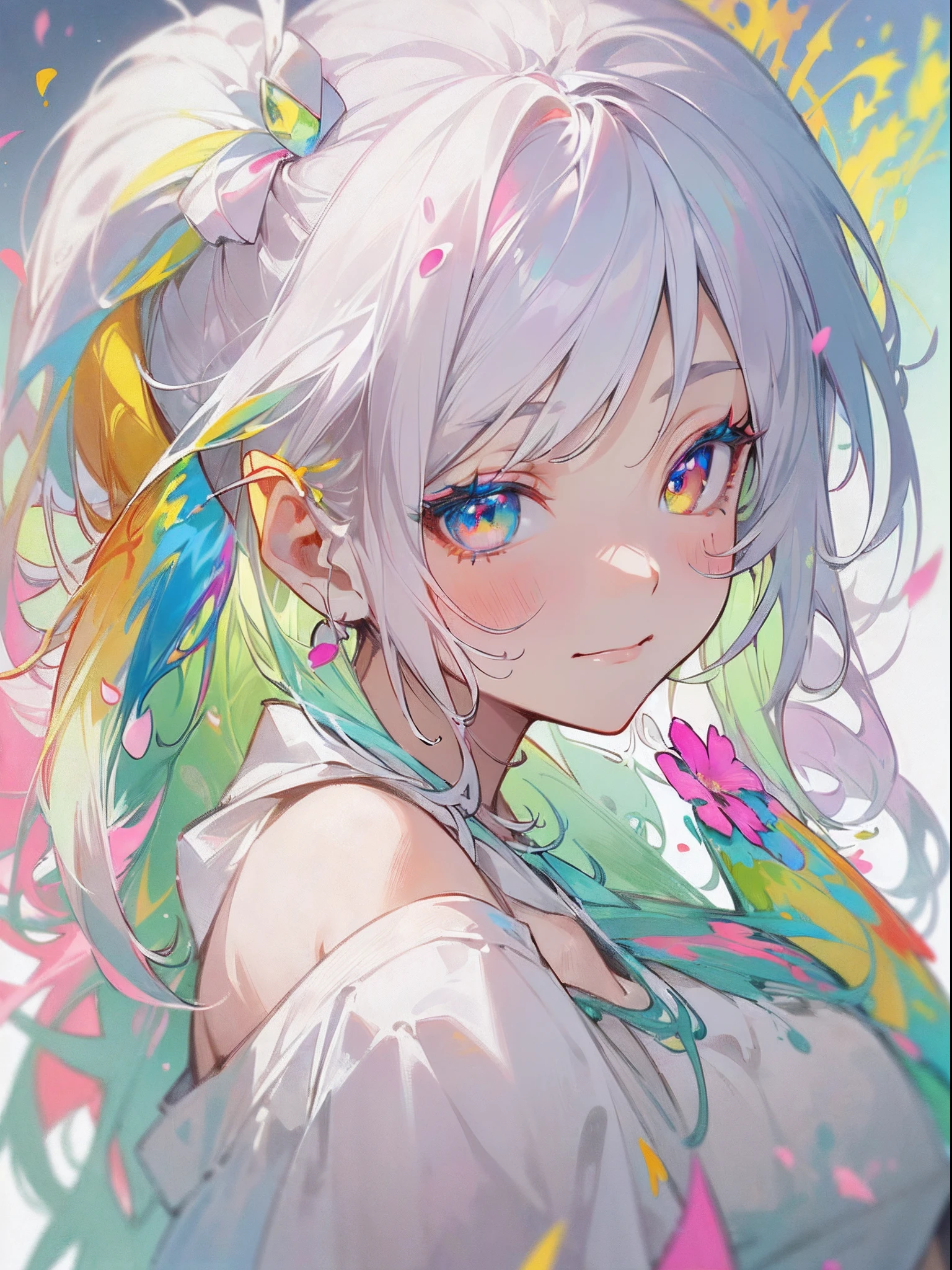 (Colorful hair: 1.8), (all the colours of the rainbow: 1.8),(((((Vertical Painting：1.6))), （Painting：1.6），front, comics, Illustrations, painterly, Large eyes, Crystal clear eyes,（ rainbow color gradient high ponytail：1.7）, Exquisite makeup, Closed mouth,(Small fresh: 1.5),(Wipe Chest: 1.6) ，long eyelashes, white off shoulder T-shirt,  White shoulder shirt，gaze at the audience, Large watery eyes, (rainbow-colored hair：1.6), Color splash, （Solo：1.8）, Color splash, Color explosion, Thick paint style, Messy lines, ((Shining))，(Colorful), (Colorful), (Colorful), Colorful, Thick paint style, (Splash) (Color splash), Vertical Painting, Upper body, paint splashes, Acrylic Pigment, gradient, paint, Highest image quality, Highest Quality, masutepiece, Solo, depth of fields, Face Paint,  colourful clothes, (Elegant: 1.2), Gorgeous,Long hair, Wind, (Elegant: 1.3), (flower petals: 1.4)，(((masutepiece))),(((Best Quality))),((Ultra-detailed)),(Illustration),(Dynamic Angle),((floating)),(paint),((disheveled hair)),(Solo),(1girl in) , (((Detailed anima face))),((beautifull detailed face)),Collar,Bare shoulders,White hair, ((Colorful hair)),((striated hair)),Beautiful detailed eyes,(Gradient color eyes),(((Colorful eyes))),(((Colorful background))),(((High color saturation))),(((Surrounded by colorful splashes))),