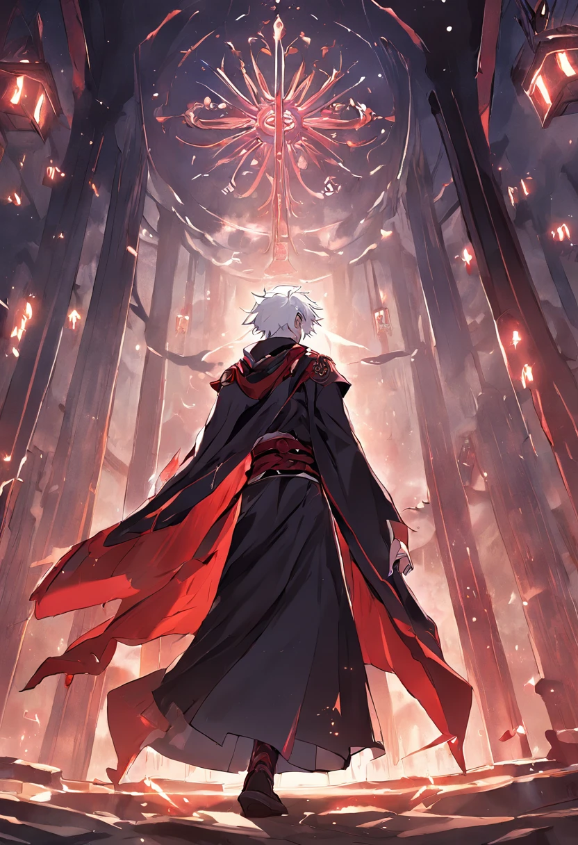 (master part, illustration, anime:1.3), menino anime, olhos vermelhos, longos cabelos brancos, No escuro, (classic black costume:1.2), Standing inside a temple at night, (messy white hair:1.1), (olhos vermelhos emitindo luz vermelha:1.2), (calm expression:1.1), (olhos descobertos:1.1), (powerful presence:1.2), (mystic atmosphere:1.2), (luar sutil:1.1), (arquitetura intrincada do templo:1.2), (Ominous shadows:1.1), (flowing robes:1.1), (dobras e vincos detalhados:1.1), (Aura azul intensa:1.2), (symbols of power that surround you:1.1), (Radiating Magical Energy:1.2), (gestos de spellcasting:1.1), (artefatos misteriosos:1.1), (ethereal particles:1.1), (dynamic pose:1.2), (Epic Soundtrack:1.2), (Sense of wonder:1.1), (magical feat:1.1)
