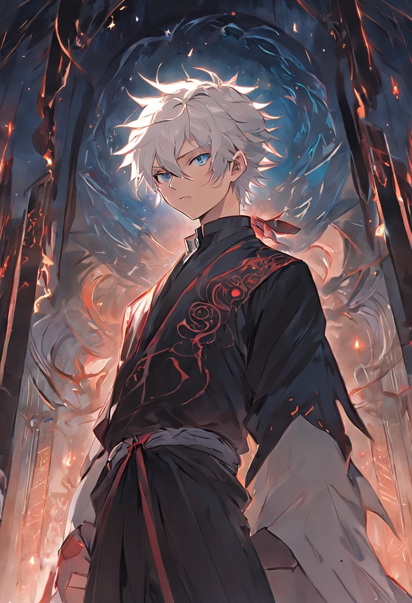(master part, illustration, anime:1.3), menino anime, olhos vermelhos, longos cabelos brancos, No escuro, (classic black costume:1.2), Standing inside a temple at night, (messy white hair:1.1), (olhos vermelhos emitindo luz vermelha:1.2), (calm expression:1.1), (olhos descobertos:1.1), (powerful presence:1.2), (mystic atmosphere:1.2), (luar sutil:1.1), (arquitetura intrincada do templo:1.2), (Ominous shadows:1.1), (flowing robes:1.1), (dobras e vincos detalhados:1.1), (Aura azul intensa:1.2), (symbols of power that surround you:1.1), (Radiating Magical Energy:1.2), (gestos de spellcasting:1.1), (artefatos misteriosos:1.1), (ethereal particles:1.1), (dynamic pose:1.2), (Epic Soundtrack:1.2), (Sense of wonder:1.1), (magical feat:1.1)