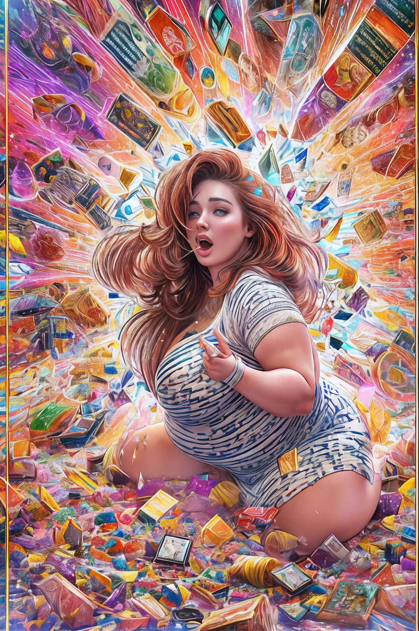 Fat woman, saggy big boobs, saggy belly, eating junk food throwing with deep field effect ,tight dress, large ass, 1girl, fat shoulders, auburn long hair, masterpiece, best quality, shoes, full body, posing for a picture, beautifully color-coded, socks, scrunchbutt leggings white background, studio, looking camera, covered by hood,16k resolutio, dry brush, brush strokes, sharp focus, studio photo, intricate details, highly detailed, Broken Glass effect, no background, stunning, breathtaking beauty, pure perfection, divine presence, unforgettable, impressive, breathtaking beauty, Volumetric light, auras, rays, vivid colors reflects