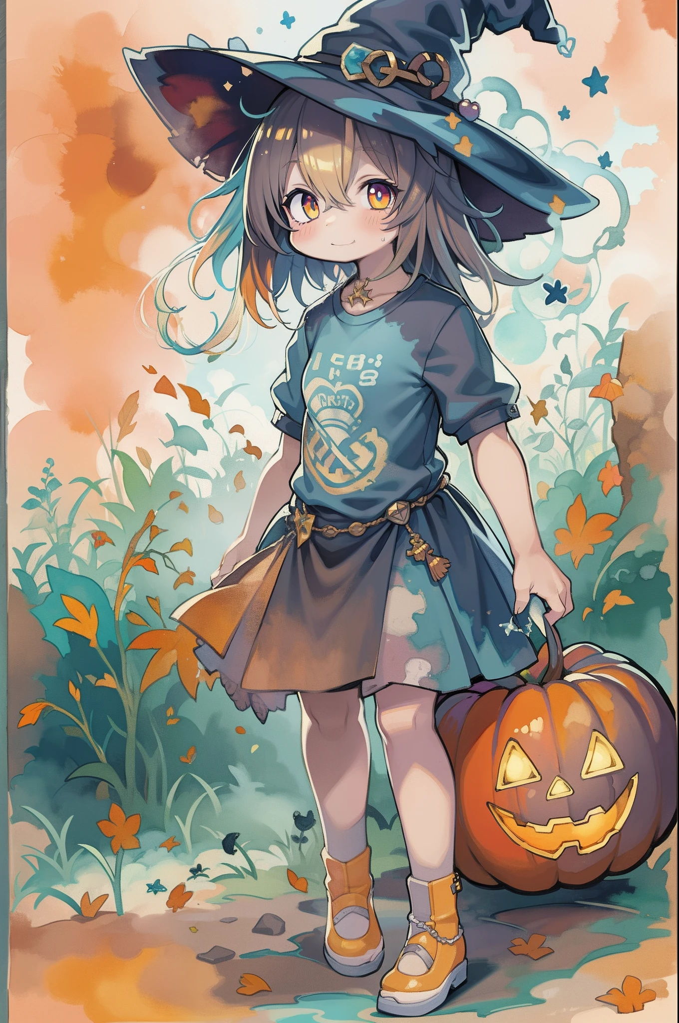 Charming Halloween witch,, Cartoon style, 2D, planar vector, T-shirt design, Colorful splashes, Fantasy Art, Watercolor effect,Digital Painting, white bg, 8K