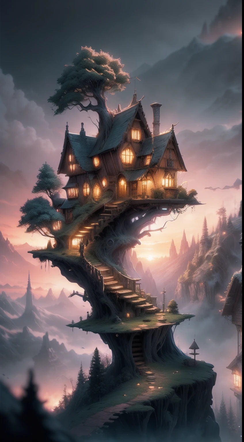 valley, fairytale treehouse village covered, , Matte painting, Highly detailed, Dynamic lighting, Cinematic, Realism, Realistic, photoreali, Sunset, Detailed, High contrast, denoised, Centered, Michael Whelan