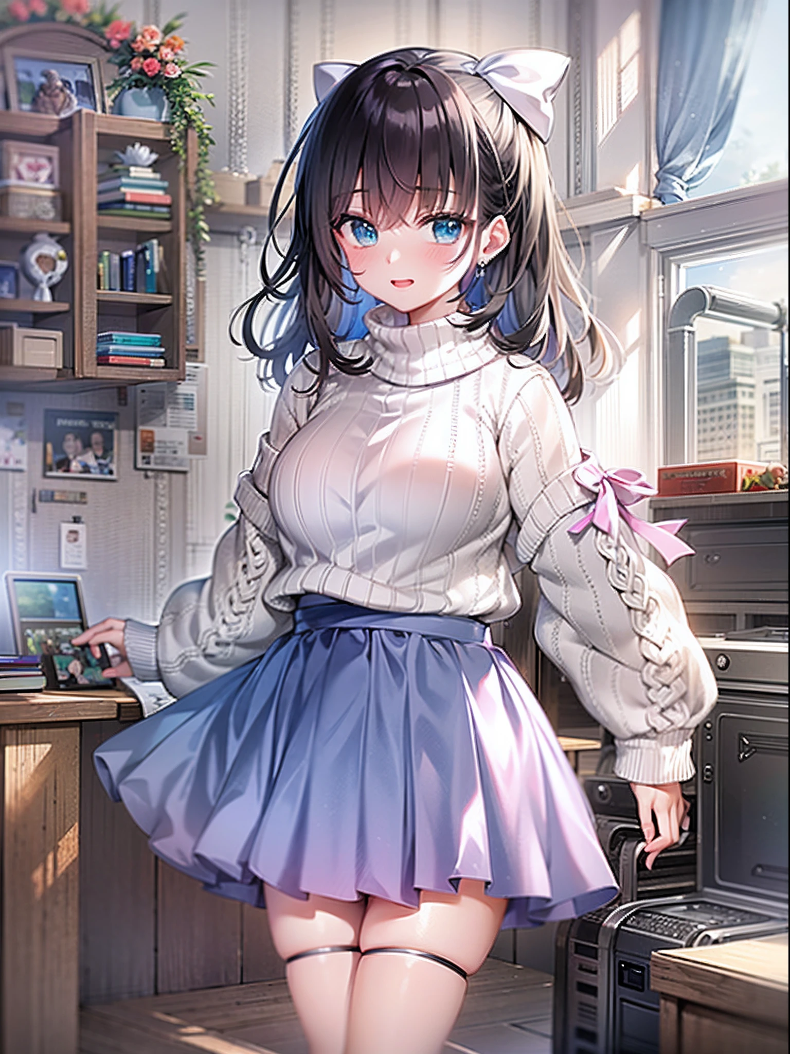 masuter piece、top-quality、Hi-Res、1girll、独奏、jewely、skirt by the、Sweaters、Black skirt、A dark-haired、short-hair、Rib Sweater、sox、turtle necked sweater、turtle neck、White Sox、blue eyess、long-sleeve、pleatedskirt、bow ribbon、bow ribbon、shairband、Hair Ribbon、bangss、Big breasts、White sweater、Sarashina Ruka、ssmile、