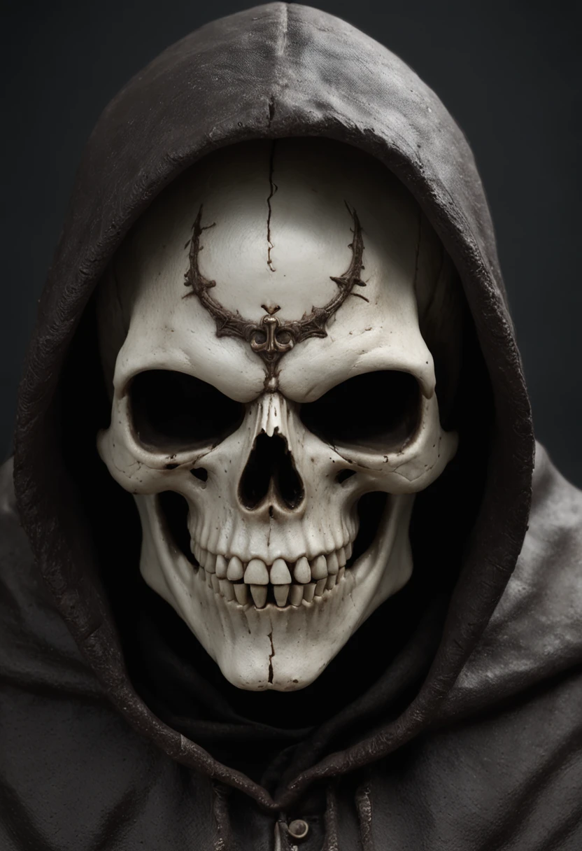 a skull with a hood and a hood in, lembrou-me do Ceifador Sombrio, O Ceifador como um Assustador, morte maligna, Deus masculino bonito da morte, Morte, O Ceifador Sombrio, Ish, undead lich, death skull, Ceifador da Noite!!!!, hooded skull, face do esqueleto, thanatos, skull face, ceifador, undead facial features, Retrato de Ceifador Sombrio