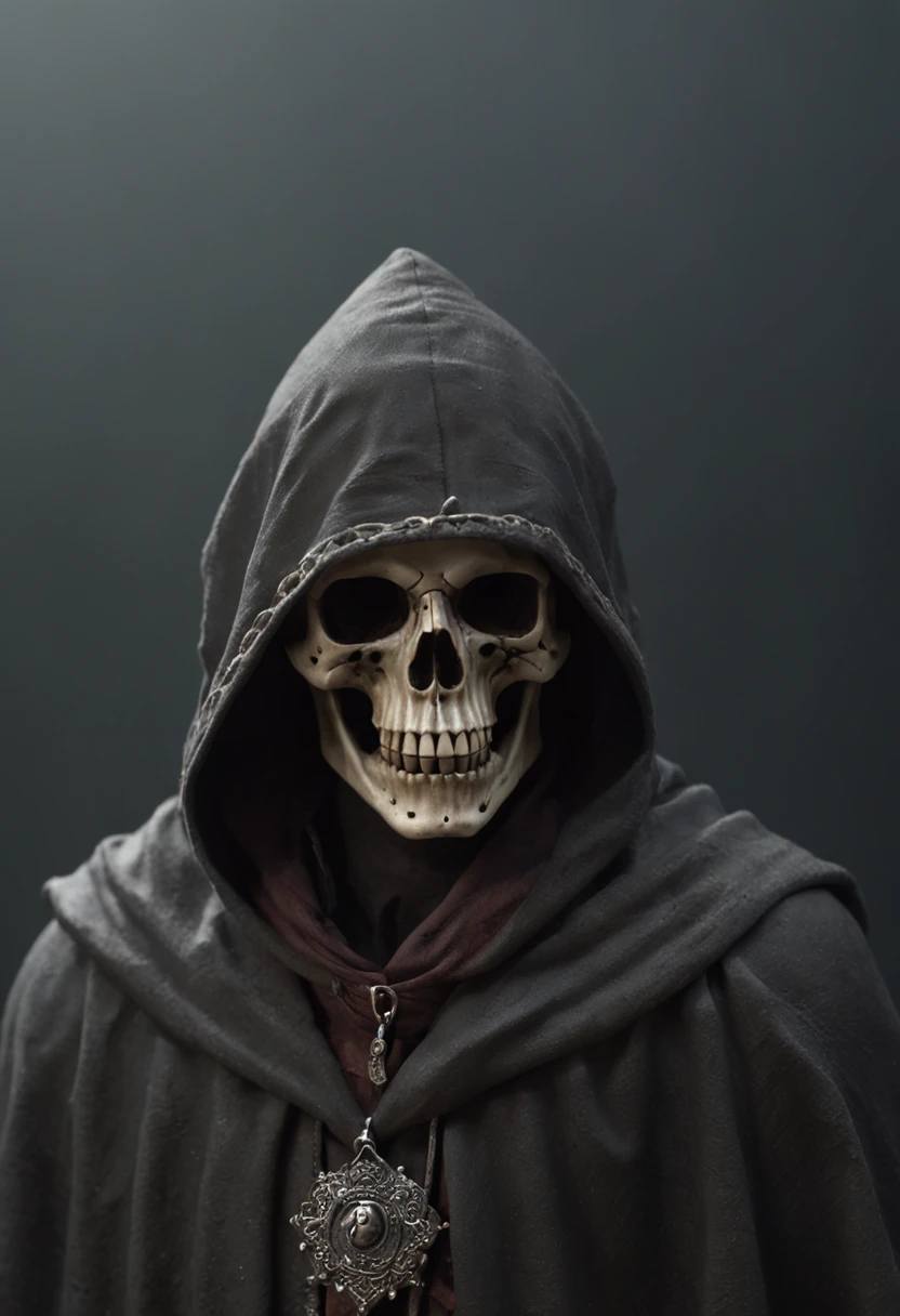 a skull with a hood and a hood in, lembrou-me do Ceifador Sombrio, O Ceifador como um Assustador, morte maligna, Deus masculino bonito da morte, Morte, O Ceifador Sombrio, Ish, undead lich, death skull, Ceifador da Noite!!!!, hooded skull, face do esqueleto, thanatos, skull face, ceifador, undead facial features, Retrato de Ceifador Sombrio
