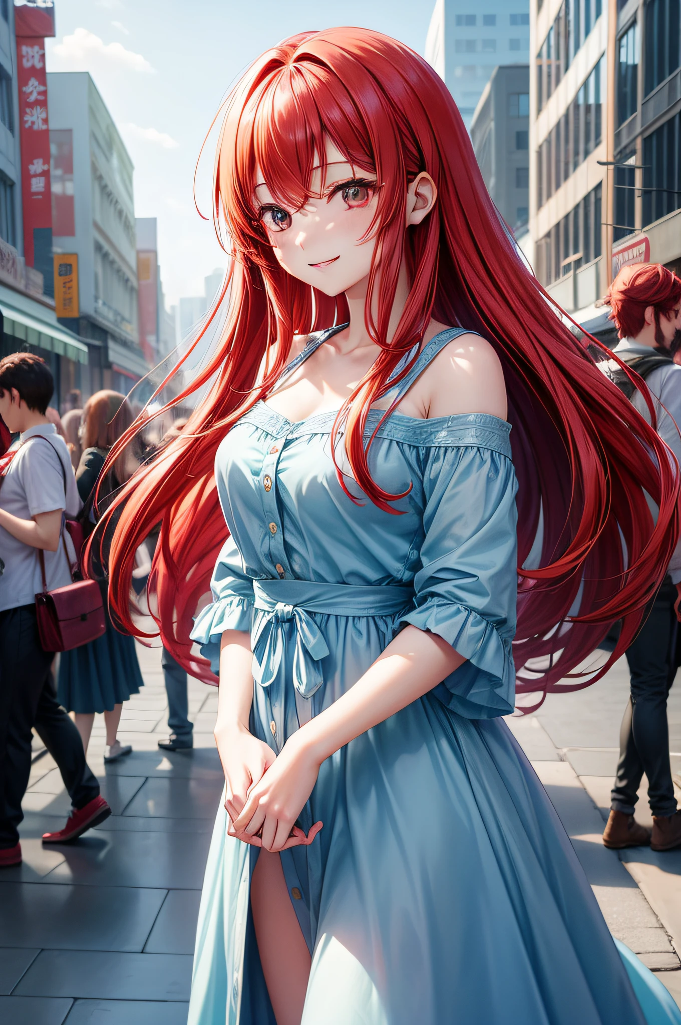 a smile、Soft skin、Anime style、Women in Their 20s、The background is the city、The long-haired、Red hair、1People only、full bodyesbian、Light blue dress