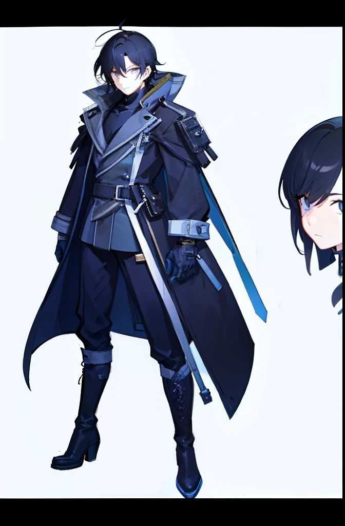 Full Game art design character sheet and Ink drawing line art about a boy wearing a long black coat, boots, face mask